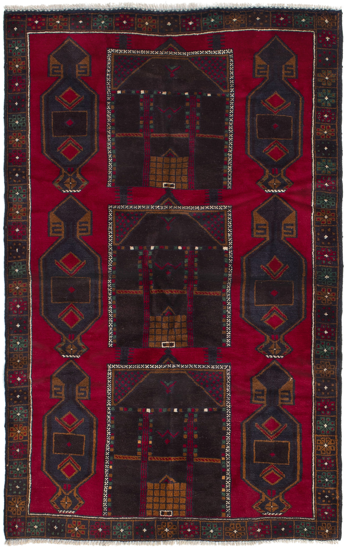 Hand-knotted Rizbaft Red Wool Rug 3'7" x 6'0" Size: 3'7" x 6'0"  