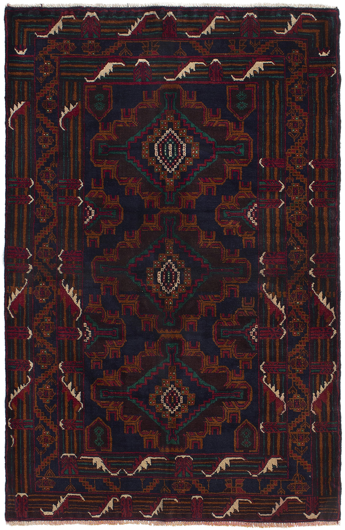 Hand-knotted Rizbaft Brown, Dark Navy Wool Rug 3'11" x 6'1" Size: 3'11" x 6'1"  