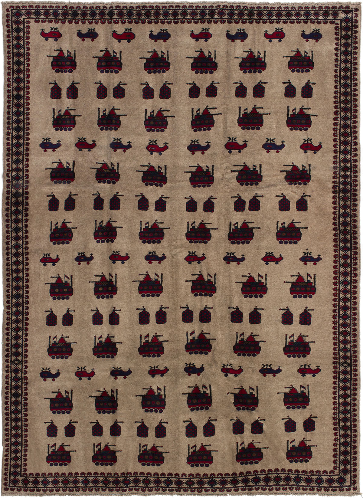 Hand-knotted Rare War Tan Wool Rug 6'7" x 9'0"  Size: 6'7" x 9'0"  