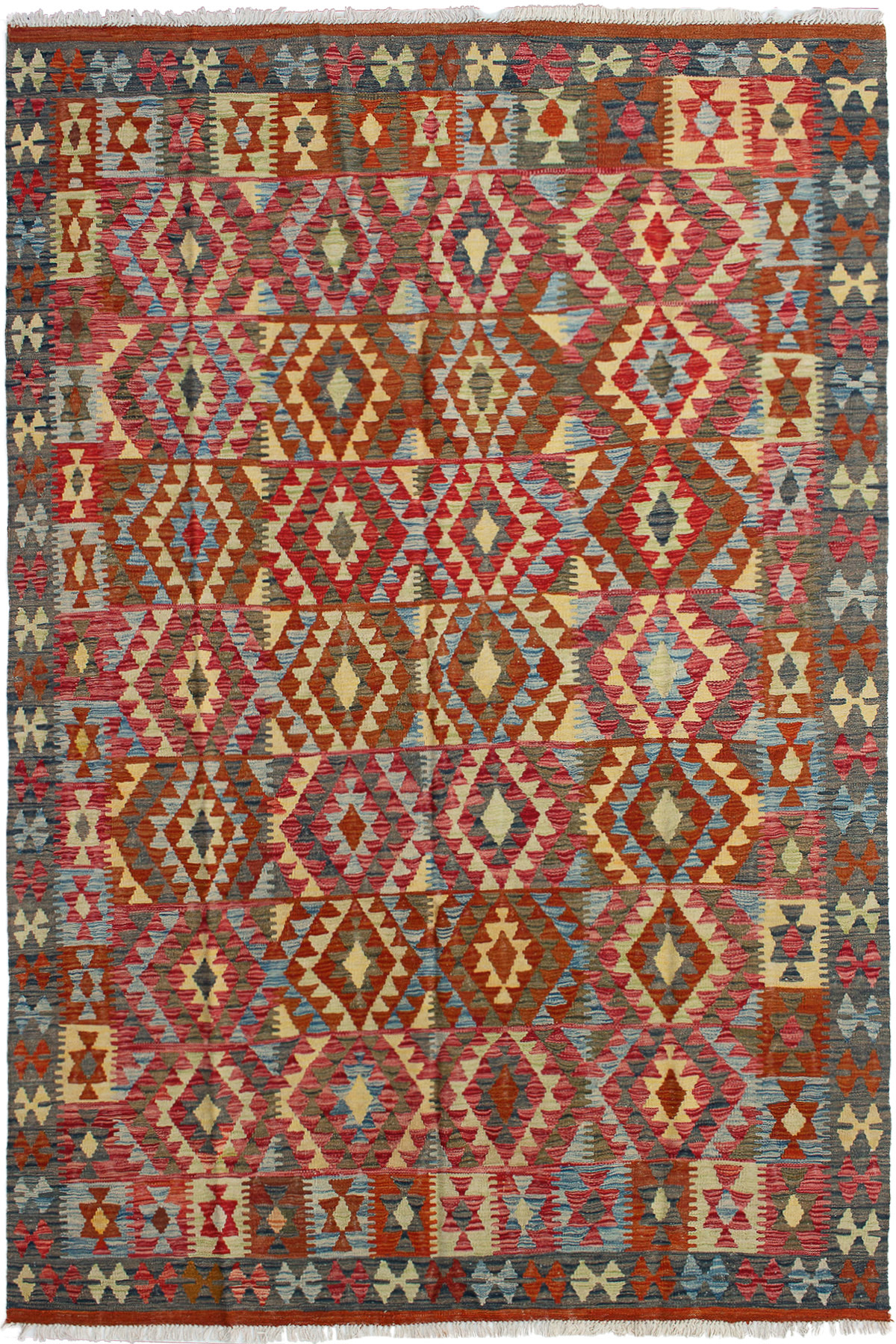 Hand woven Kashkoli FW Red, Tan Wool Kilim 6'4" x 9'11" Size: 6'4" x 9'11"  