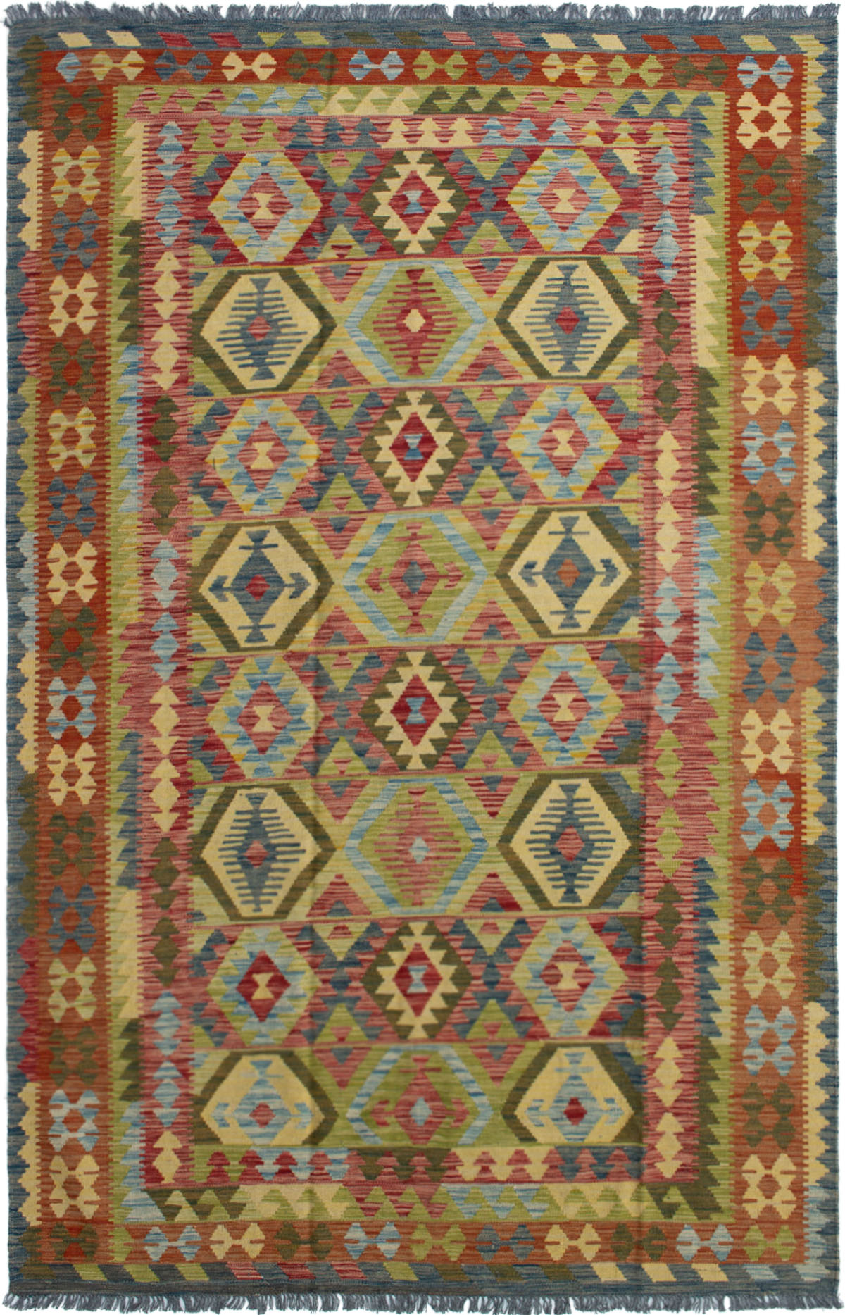 Hand woven Sivas Light Red, Olive Wool Kilim 6'4" x 10'1" Size: 6'4" x 10'1"  