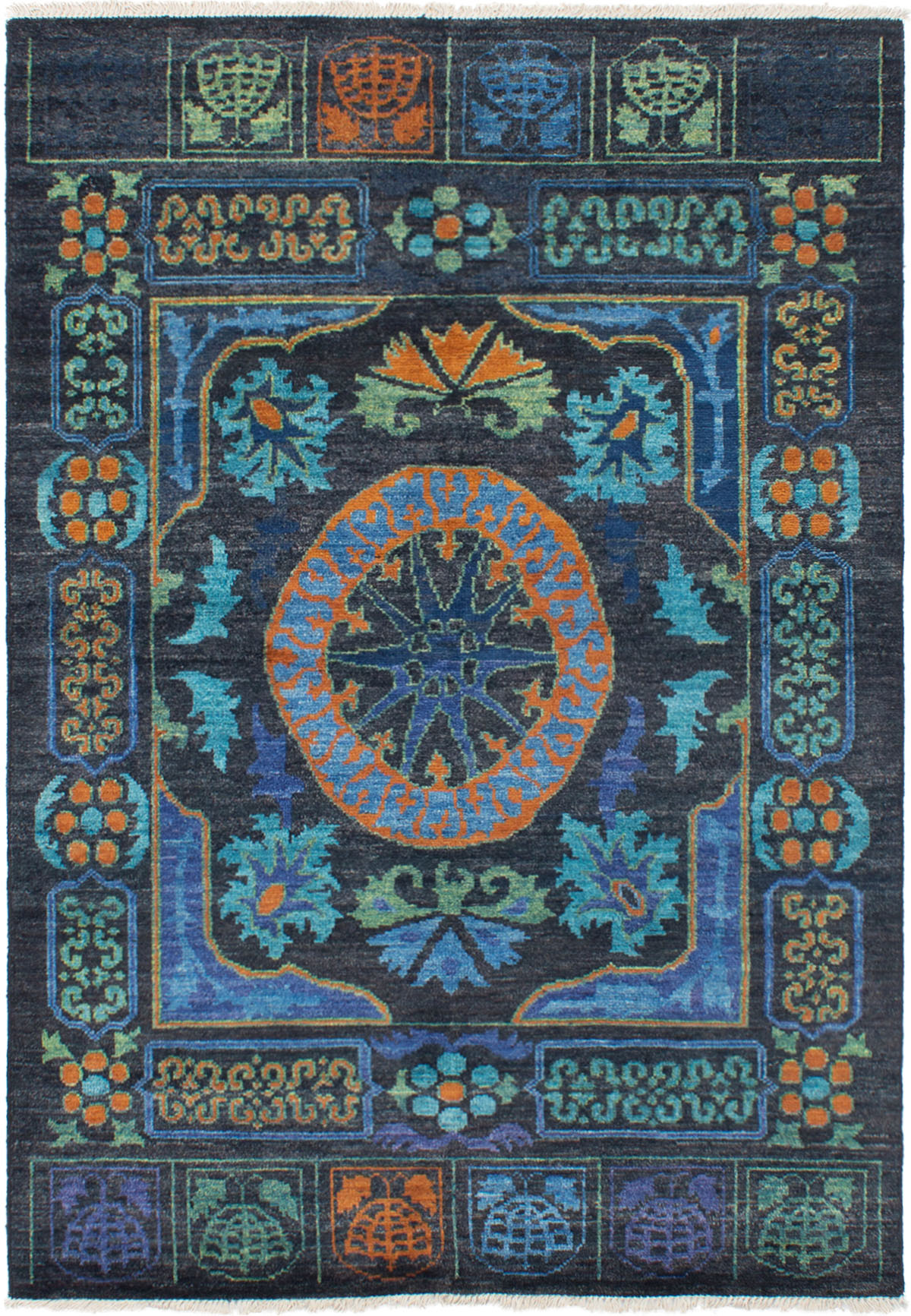 Hand-knotted Shalimar Black, Turquoise Wool Rug 6'4" x 9'0" Size: 6'4" x 9'0"  