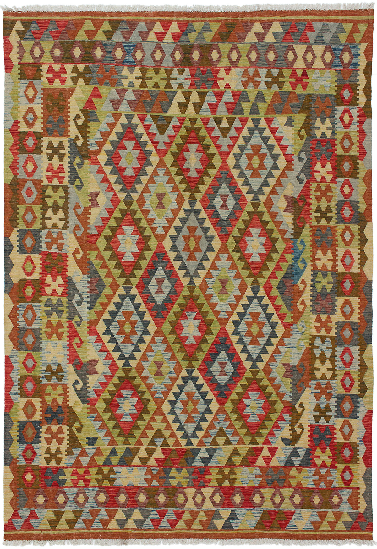 Hand woven Kashkoli FW Olive, Red Wool Kilim 6'9" x 9'8" Size: 6'9" x 9'8"  