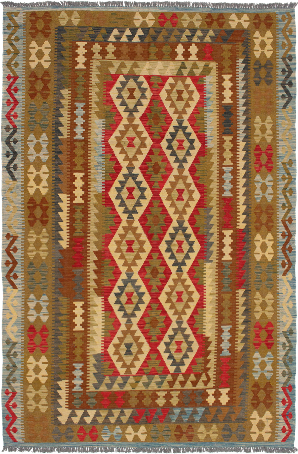 Hand woven Kashkoli FW Brown, Red Wool Kilim 6'6" x 9'11" Size: 6'6" x 9'11"  
