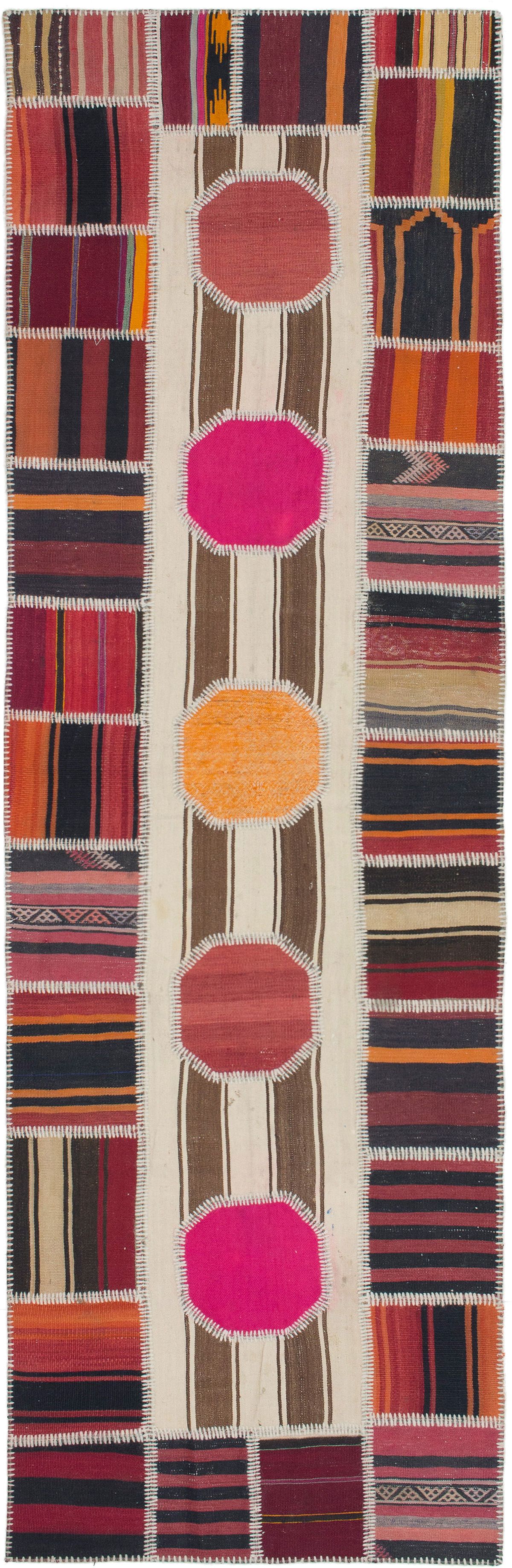 Hand woven Anatolia Patch Brown, Cream Wool Kilim 3'3" x 10'10" Size: 3'3" x 10'10"  