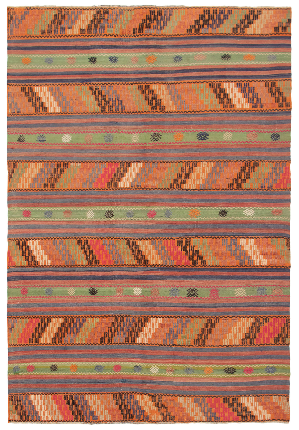 Hand woven Yoruk Copper, Light Green Wool Kilim 5'11" x 8'8" Size: 5'11" x 8'8"  