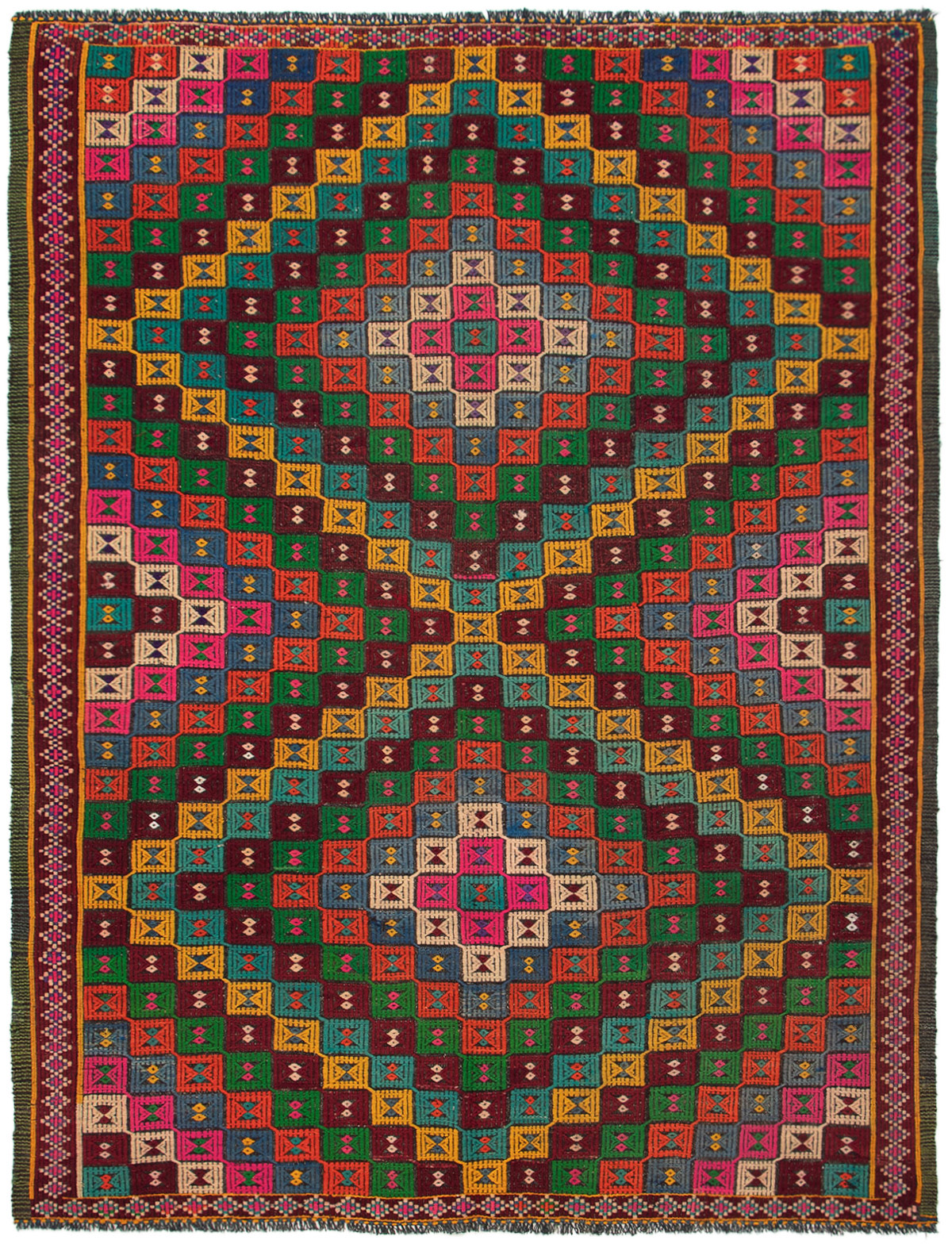 Hand woven Yoruk Dark Pink, Green Wool Tapestry Kilim 6'9" x 9'0" Size: 6'9" x 9'0"  