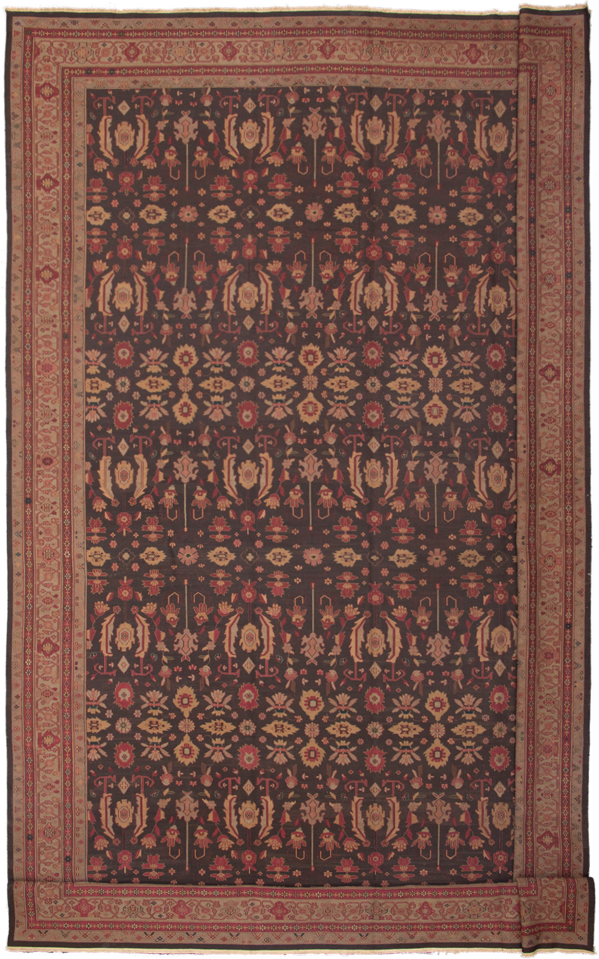 Hand woven Dynasty Black, Dark Red Wool Tapestry Kilim 12'11" x 19'5" Size: 12'11" x 19'5"  