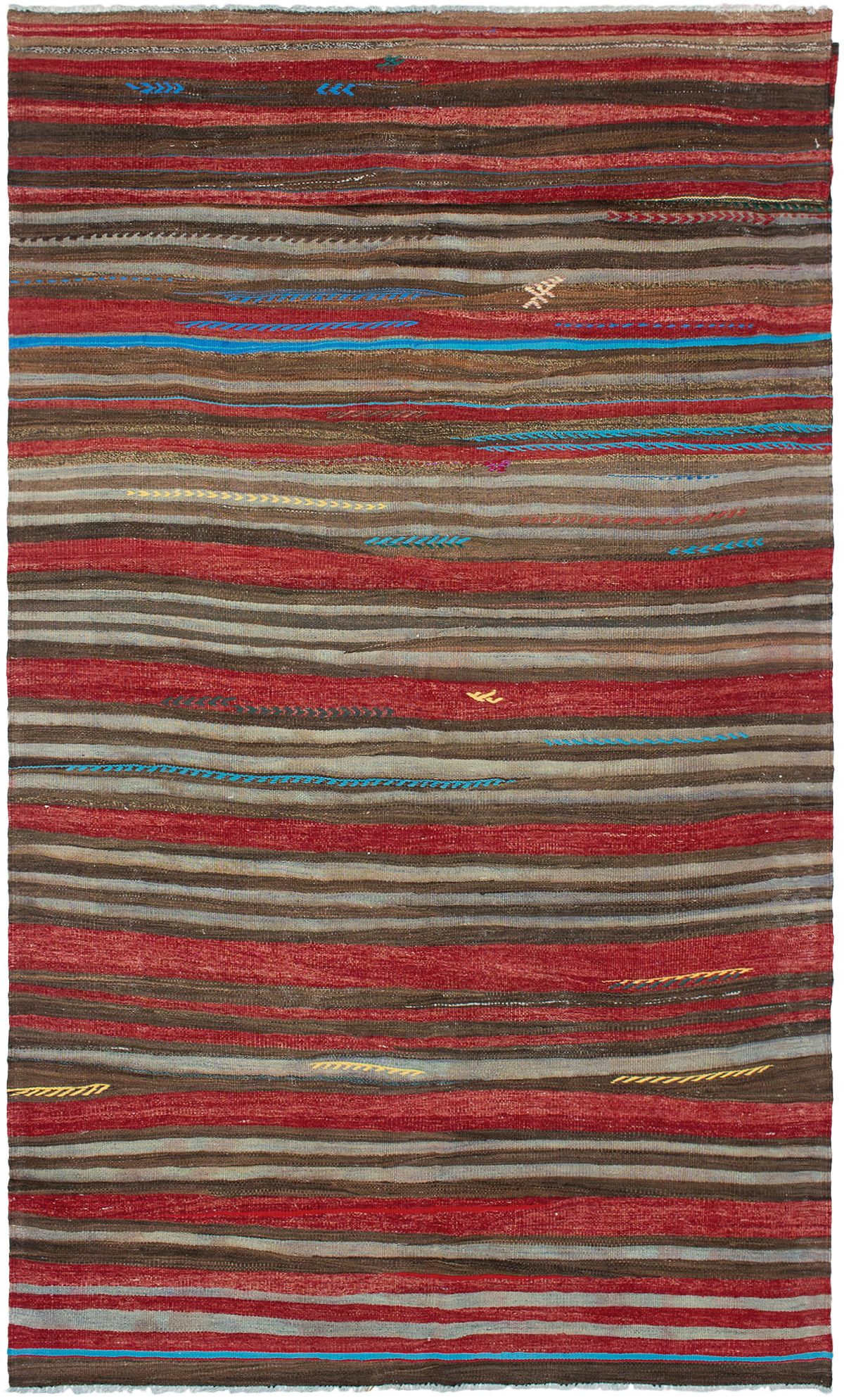 Hand woven Bohemian Brown, Red Wool Kilim 5'7" x 11'3" Size: 5'7" x 11'3"  