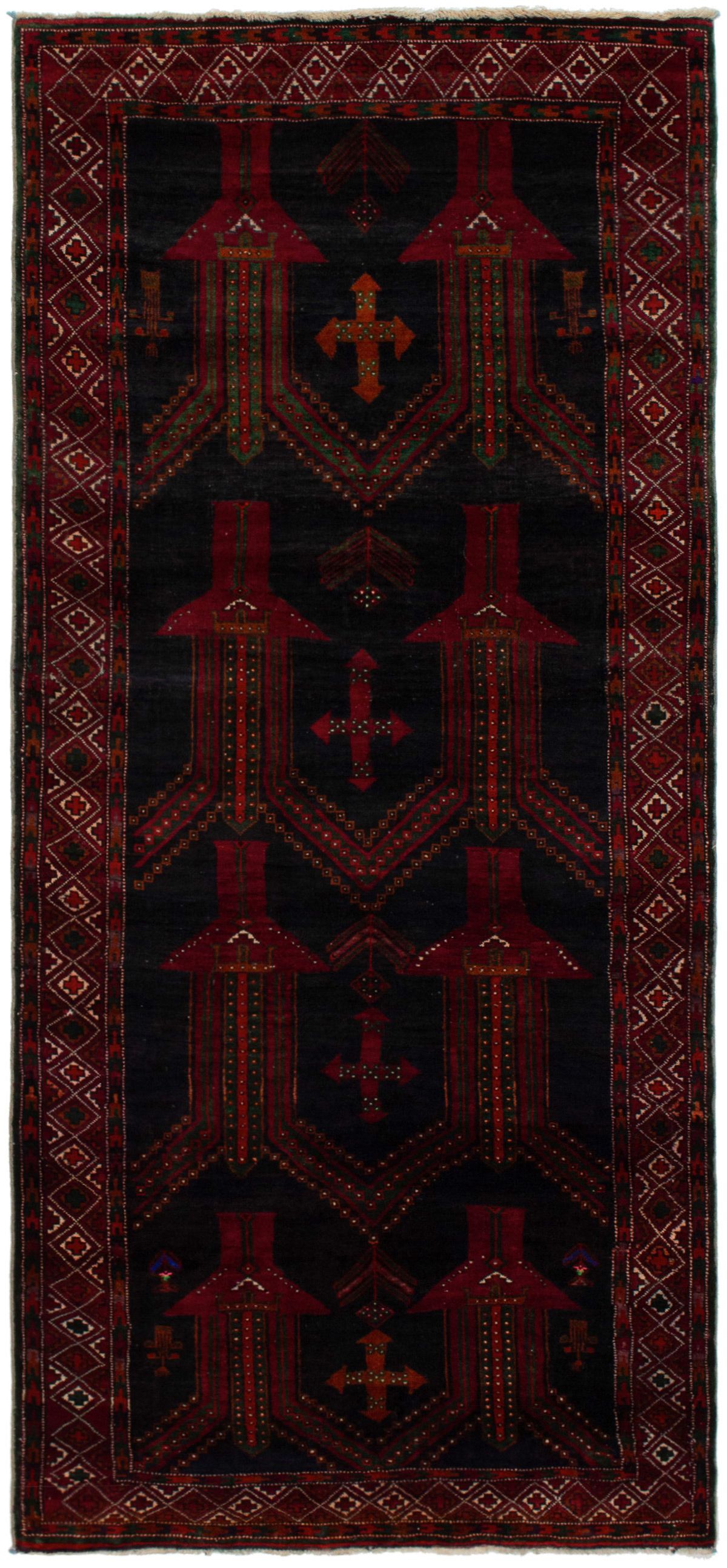 Hand-knotted Vintage Tribal Dark Navy, Red Wool Rug 3'9" x 8'4" Size: 3'9" x 8'4"  