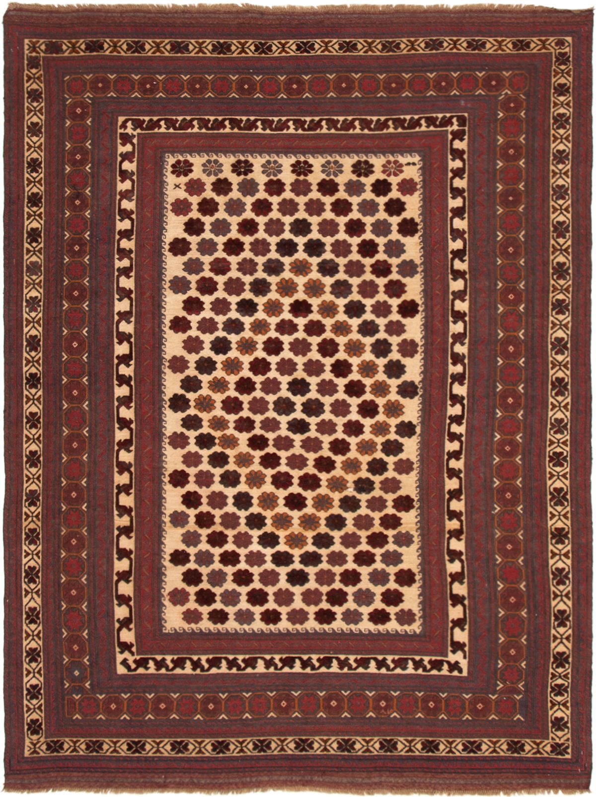 Hand woven Shiravan SMK Cream, Dark Red Wool Tapestry Kilim 6'7" x 8'8" Size: 6'7" x 8'8"  