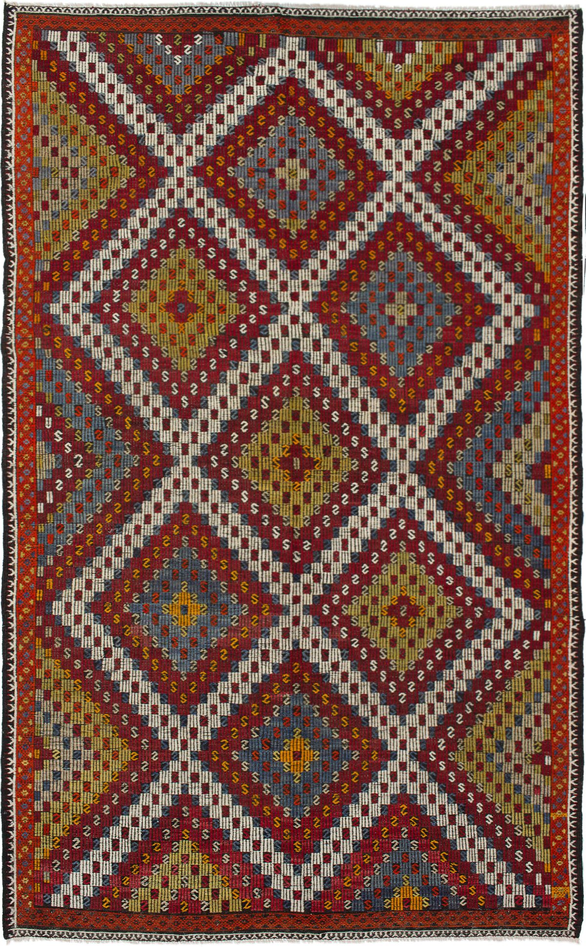 Hand woven Yoruk Dark Red Wool Tapestry Kilim 6'7" x 10'10" Size: 6'7" x 10'10"  