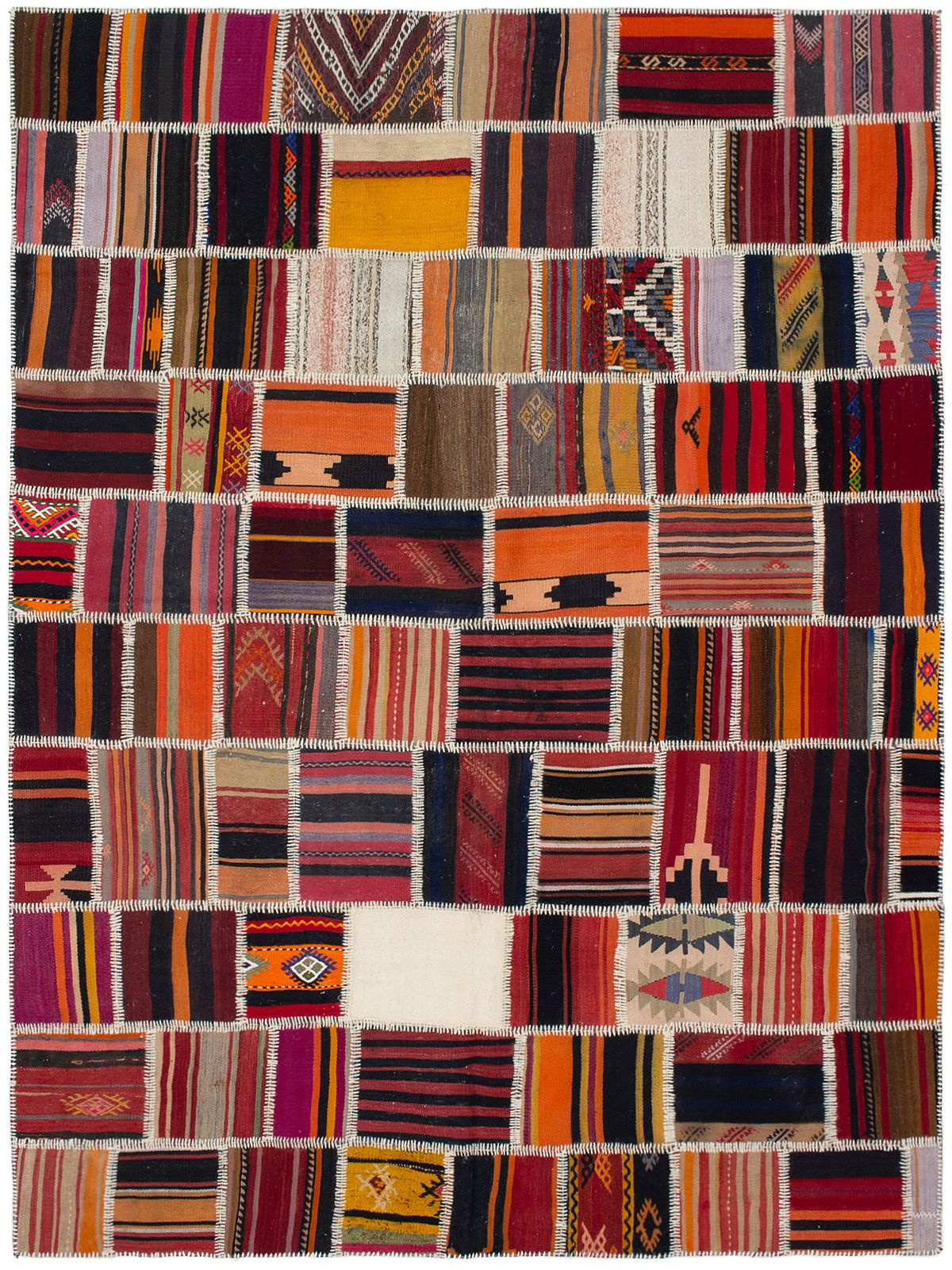 Hand woven Anatolia Patch Dark Red Wool Kilim 7'7" x 10'2" Size: 7'7" x 10'2"  