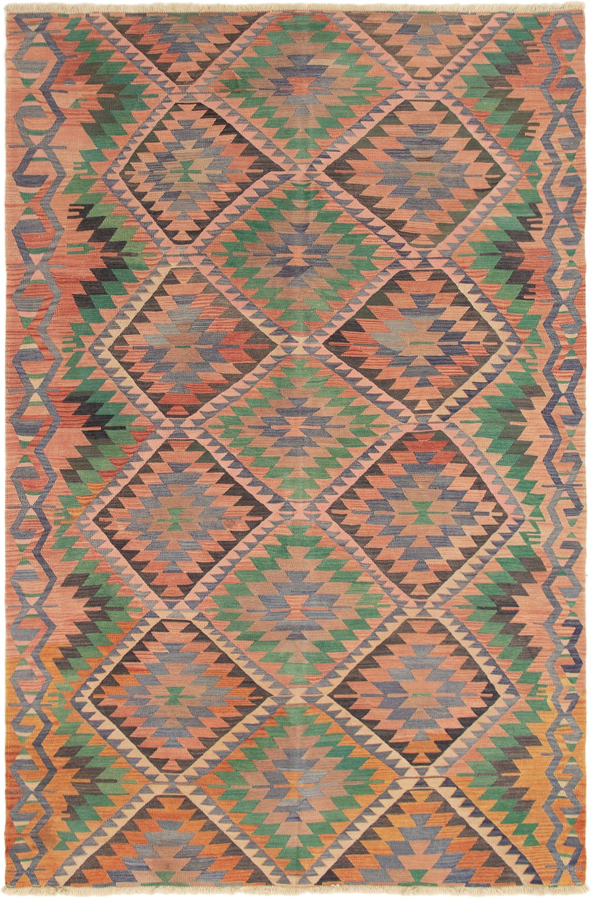 Hand woven Kashkoli FW Copper, Green Wool Kilim 6'3" x 9'6" Size: 6'3" x 9'6"  