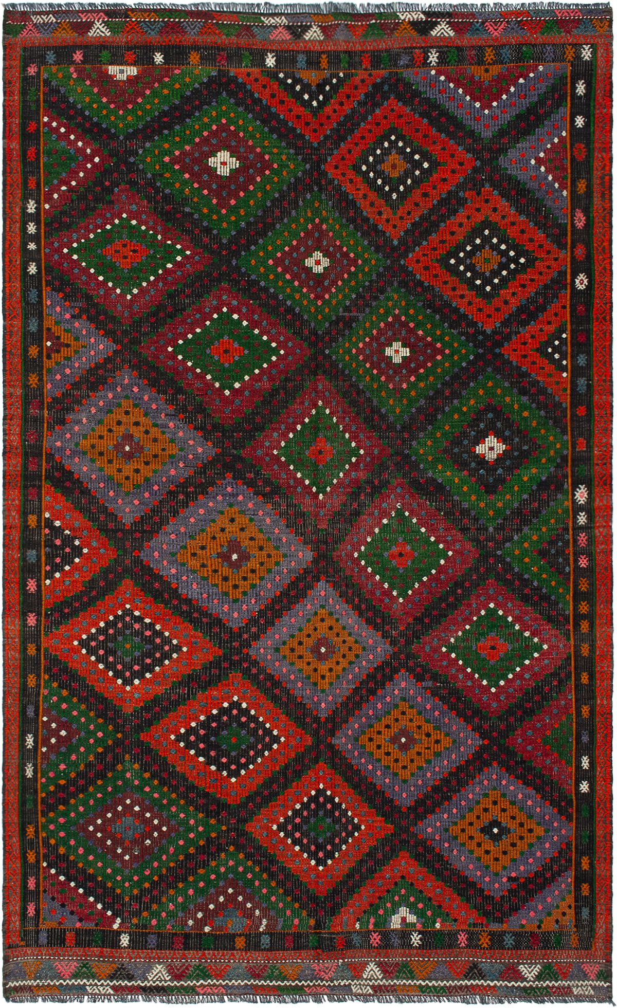 Hand woven Yoruk Black, Dark Red Wool Tapestry Kilim 5'10" x 9'7" Size: 5'10" x 9'7"  