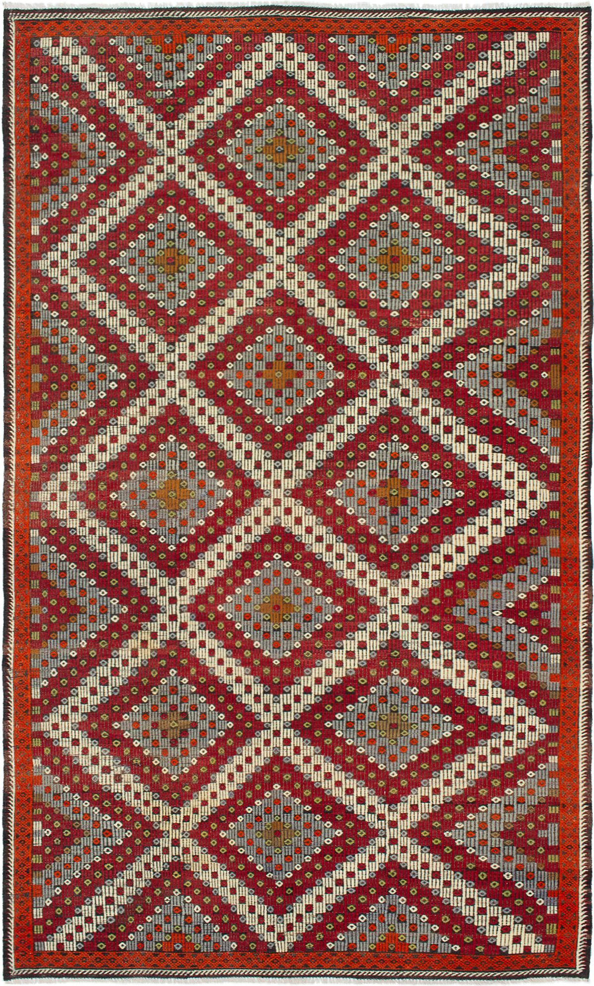 Hand woven Yoruk Cream, Dark Red Wool Tapestry Kilim 5'11" x 10'2" Size: 5'11" x 10'2"  