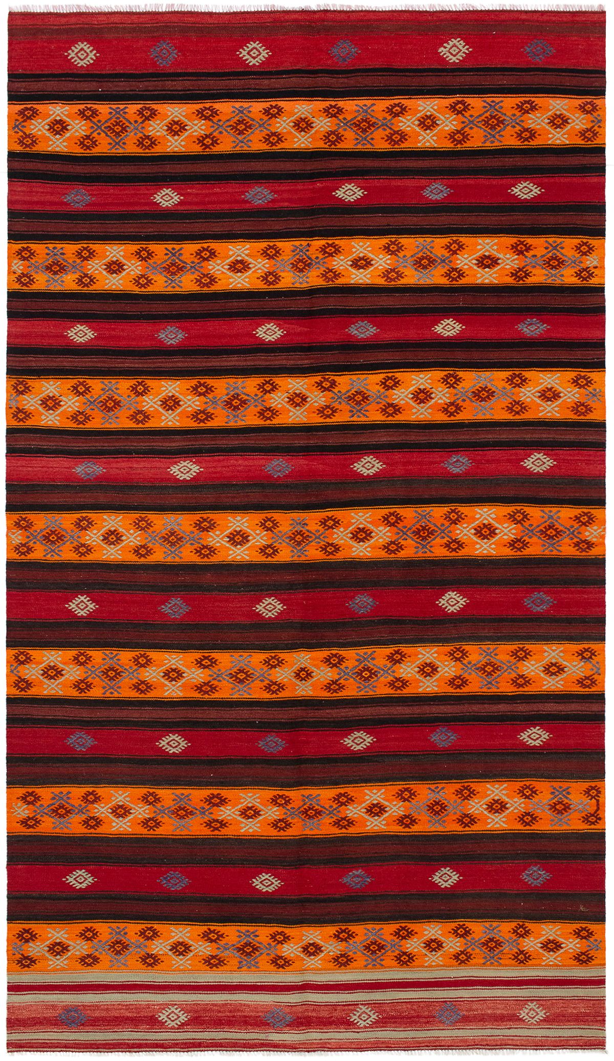 Hand woven Bohemian Dark Red Wool Kilim 5'10" x 10'6" Size: 5'10" x 10'6"  