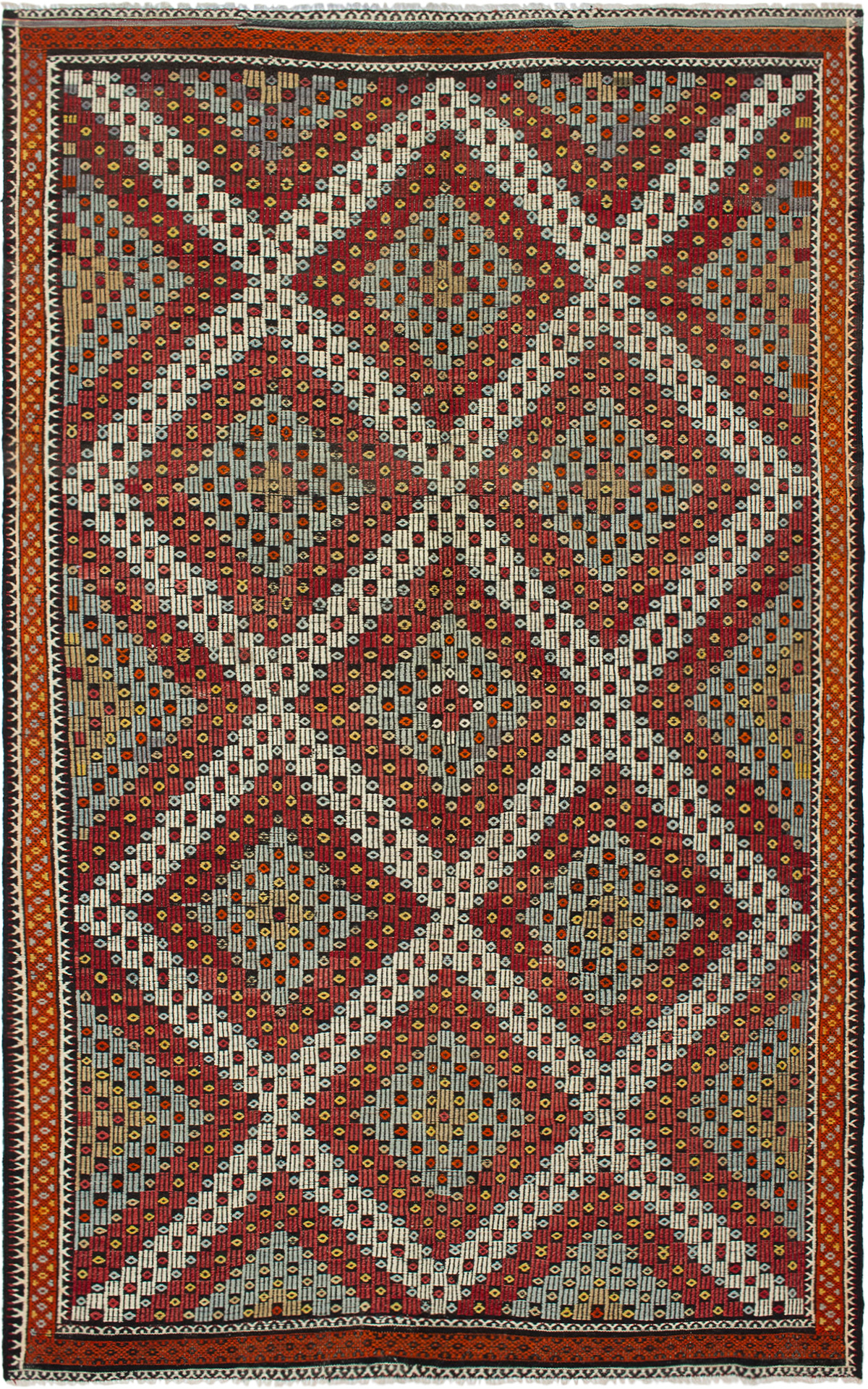 Hand woven Yoruk Dark Red, Grey Wool Tapestry Kilim 6'5" x 10'6" Size: 6'5" x 10'6"  