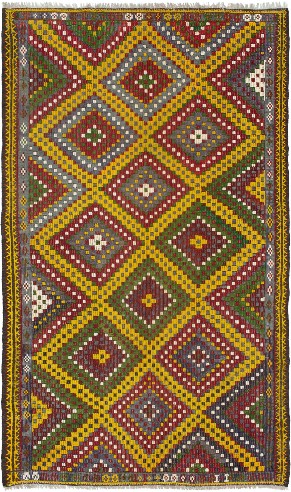 Hand woven Yoruk Dark Red, Gold Wool Tapestry Kilim 6'3" x 10'7" Size: 6'3" x 10'7"  