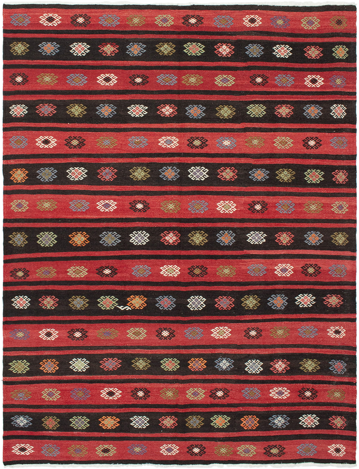 Hand woven Bohemian Black, Red Wool Kilim 6'3" x 8'6" Size: 6'3" x 8'6"  