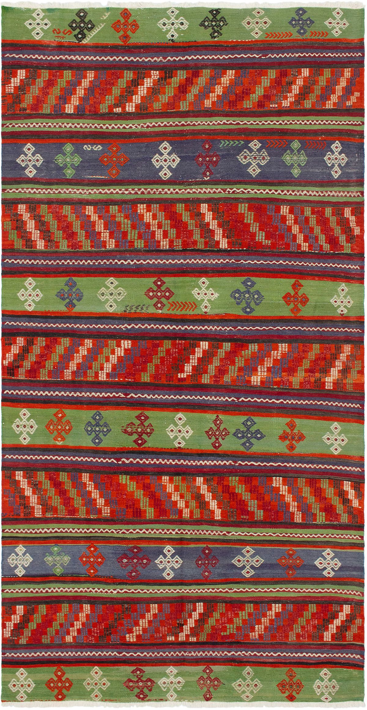 Hand woven Bohemian Red, Teal Wool Kilim 5'2" x 10'1" Size: 5'2" x 10'1"  