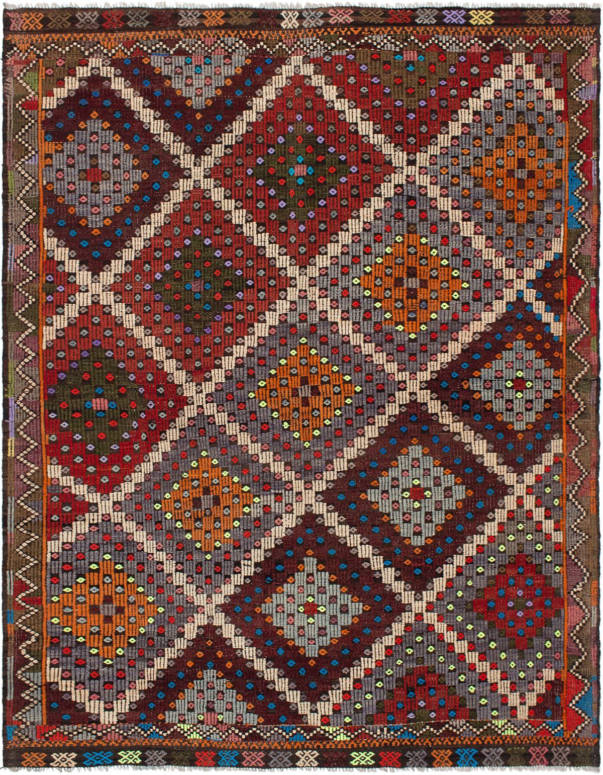 Hand woven Yoruk Grey, Red Wool Tapestry Kilim 6'7" x 8'6" Size: 6'7" x 8'6"  