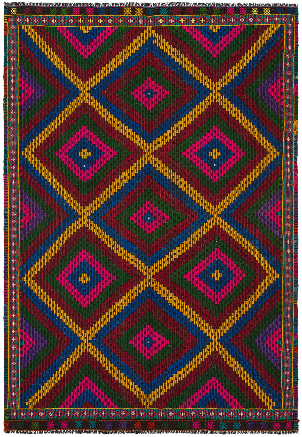 Hand woven Yoruk Dark Blue, Dark Red Wool Tapestry Kilim 6'7" x 9'8" Size: 6'7" x 9'8"  