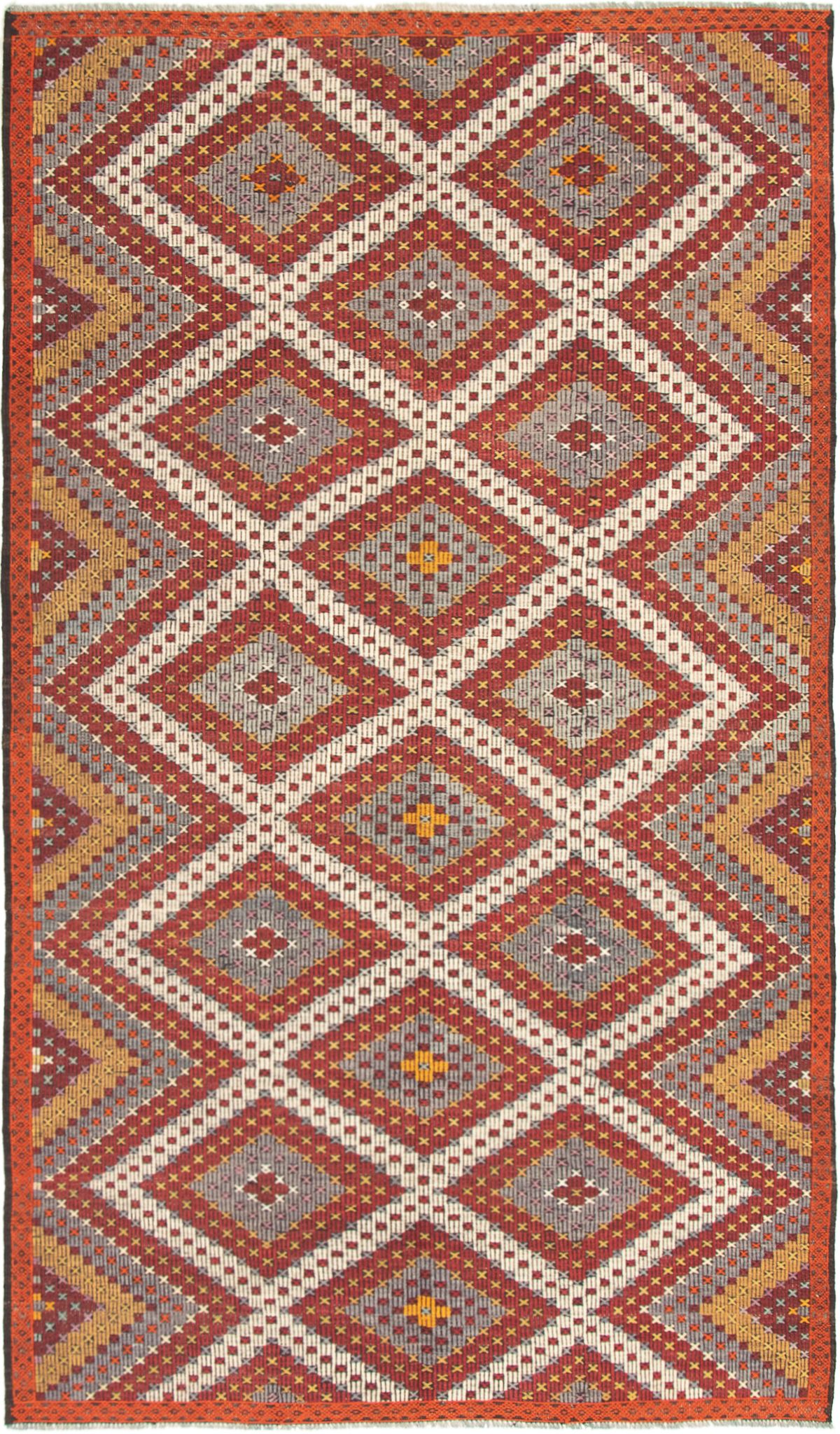 Hand woven Yoruk Cream, Dark Red Wool Tapestry Kilim 6'4" x 10'10" Size: 6'4" x 10'10"  