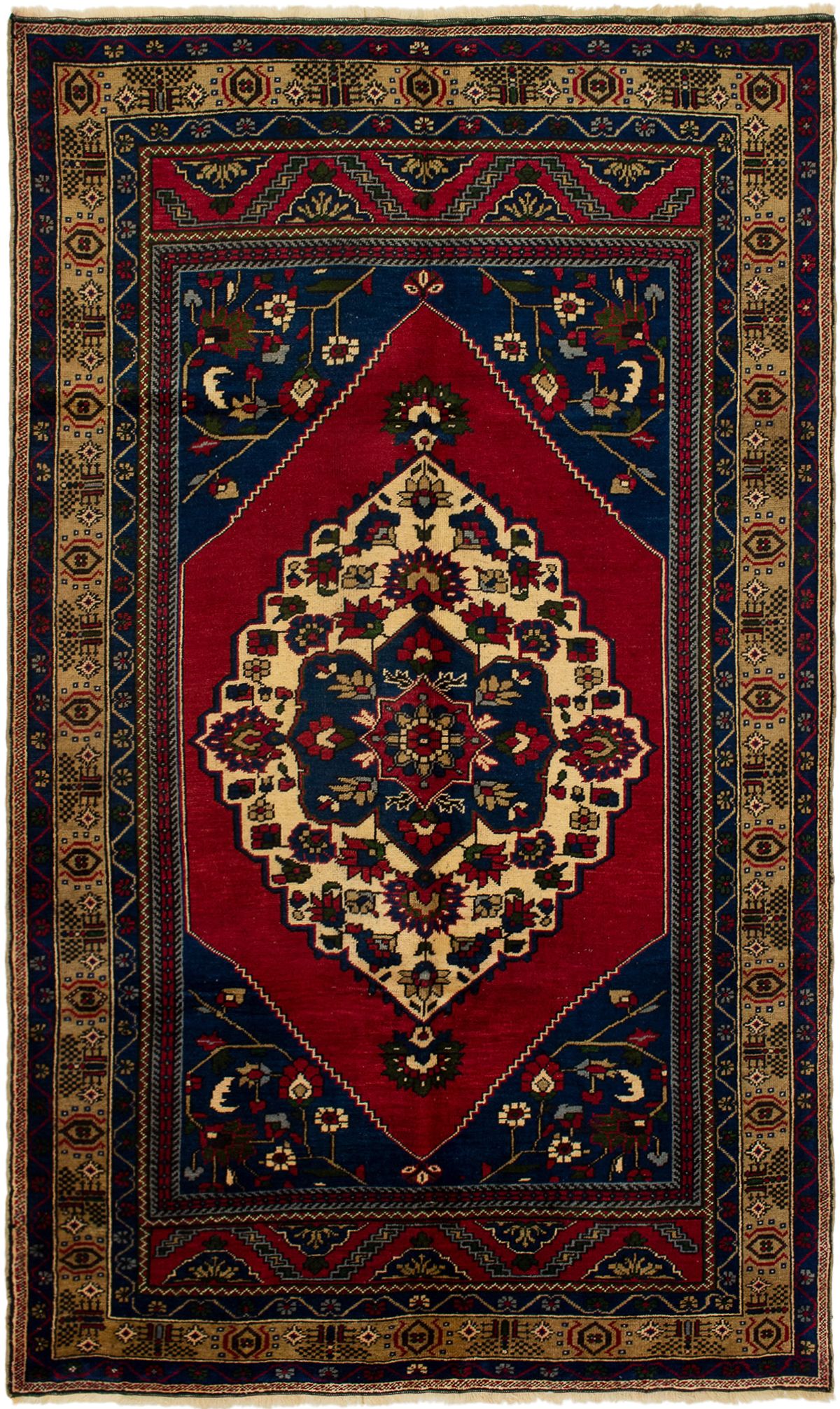 Hand-knotted Anatolian Vintage Dark Blue, Red Wool Rug 5'8" x 9'7" Size: 5'8" x 9'7"  