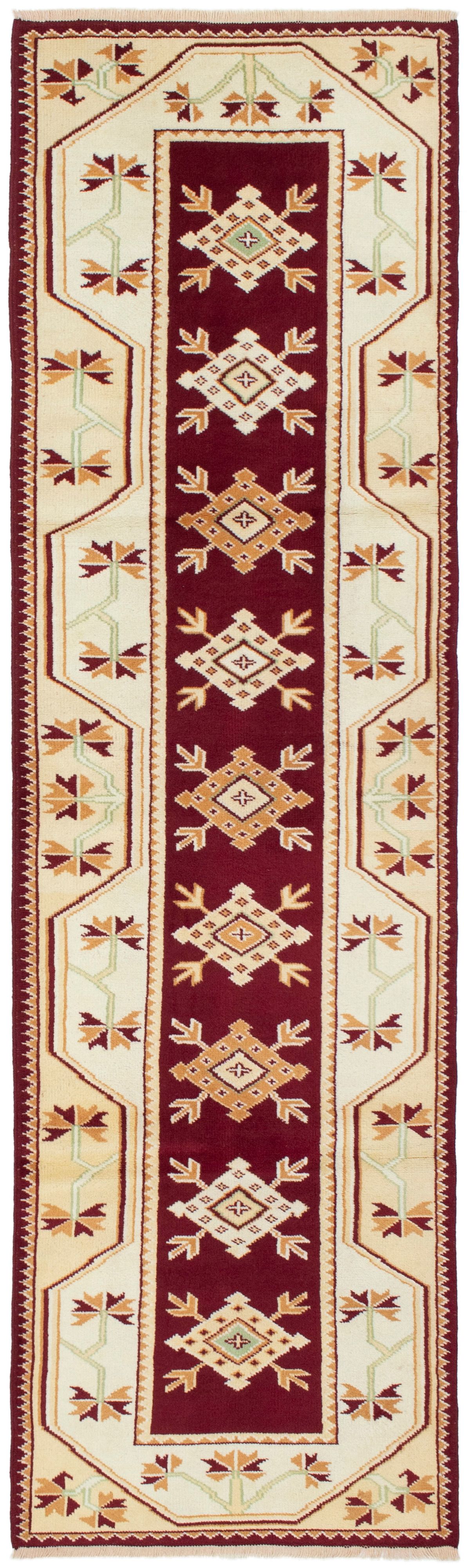 Hand-knotted Ushak Cream, Dark Red Wool Rug 2'9" x 9'4" Size: 2'9" x 9'4"  