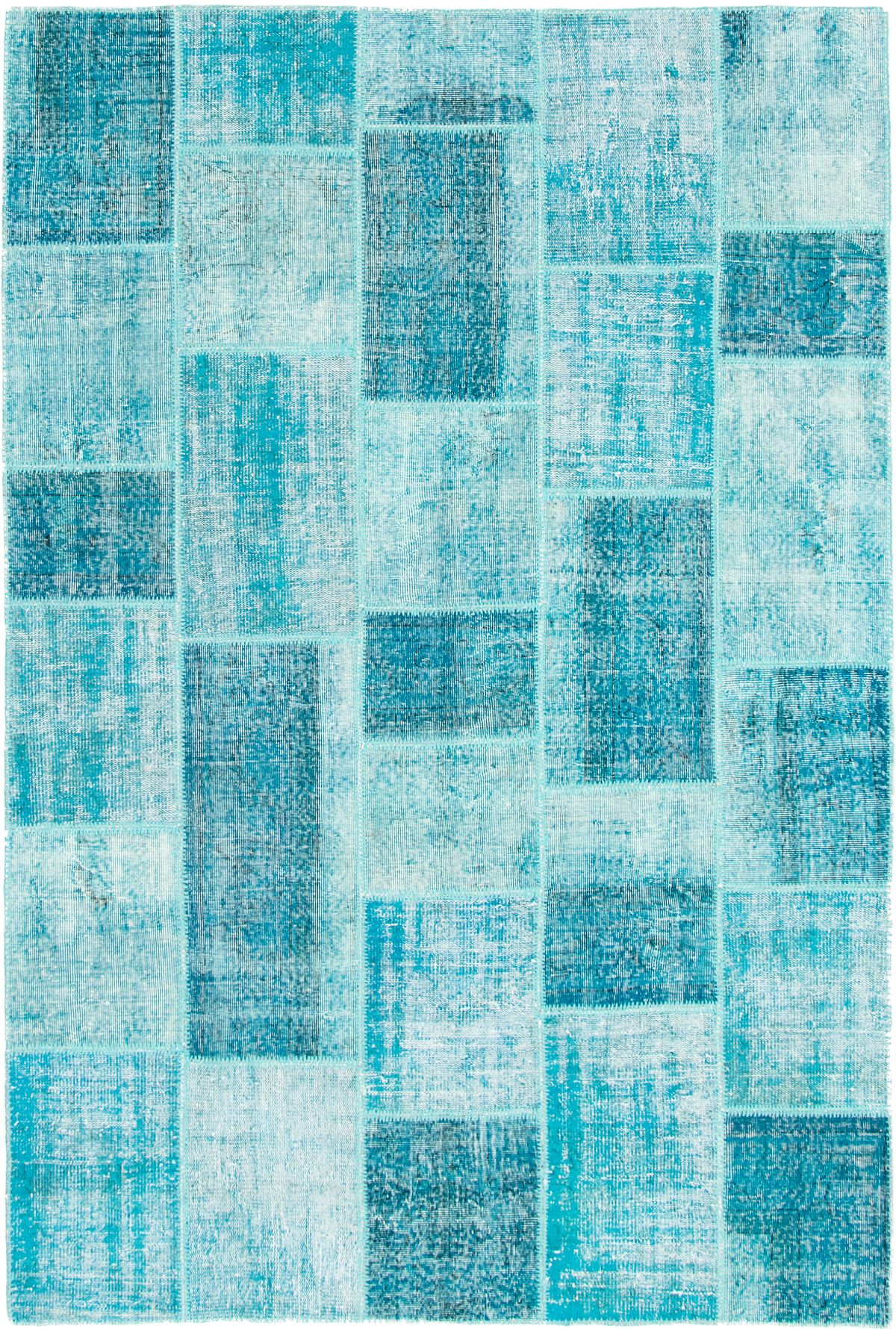 Hand-knotted Color Transition Patch Turquoise Wool Rug 6'6" x 9'8" Size: 6'6" x 9'8"  