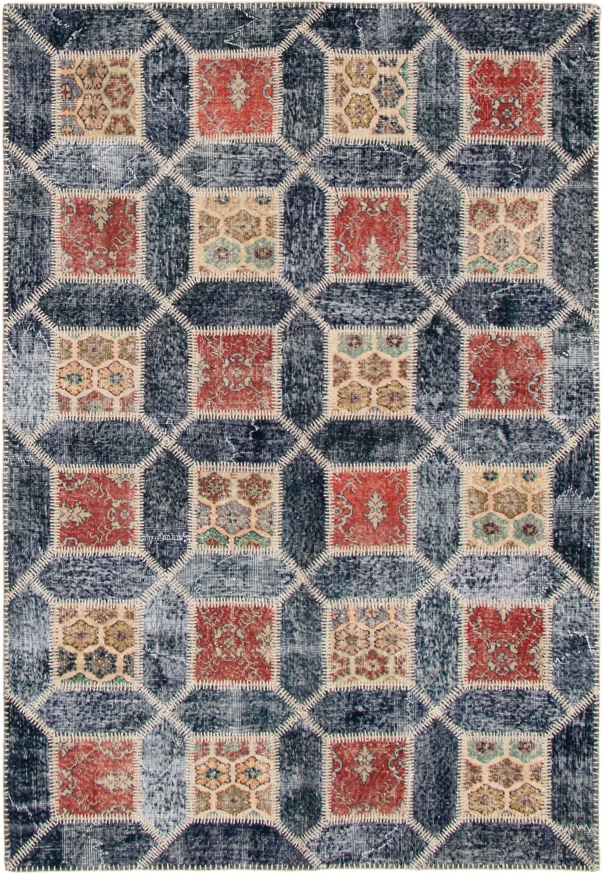 Hand-knotted Color Transition Patch Dark Navy, Red Wool Rug 5'7" x 7'10" Size: 5'7" x 7'10"  