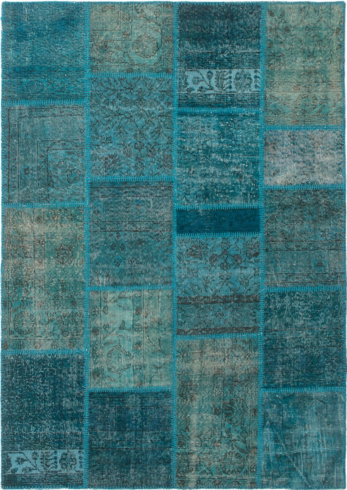 Hand-knotted Color Transition Patch Turquoise Wool Rug 5'7" x 7'10"  Size: 5'7" x 7'10"  