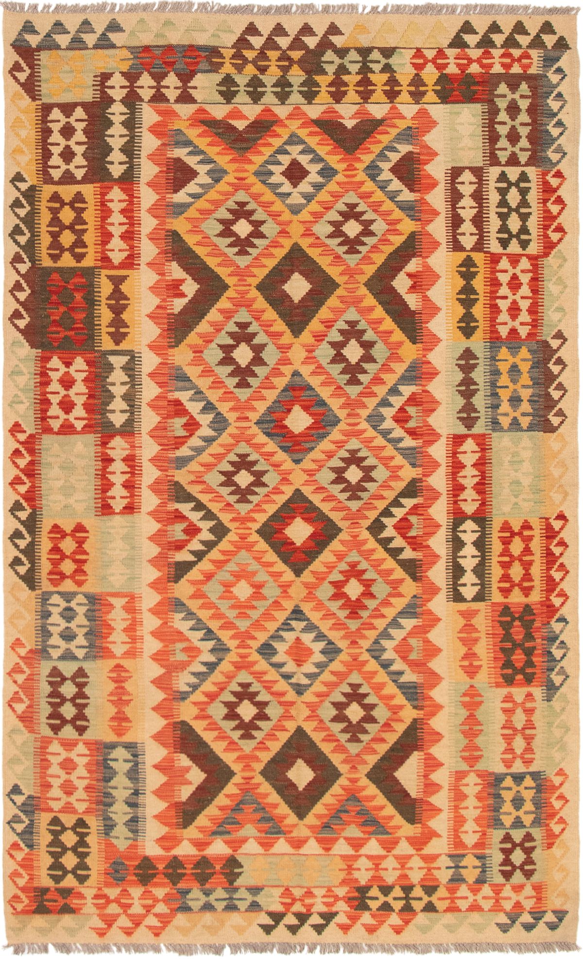 Hand woven Kashkoli FW Beige, Red Wool Kilim 5'3" x 8'4" Size: 5'3" x 8'4"  