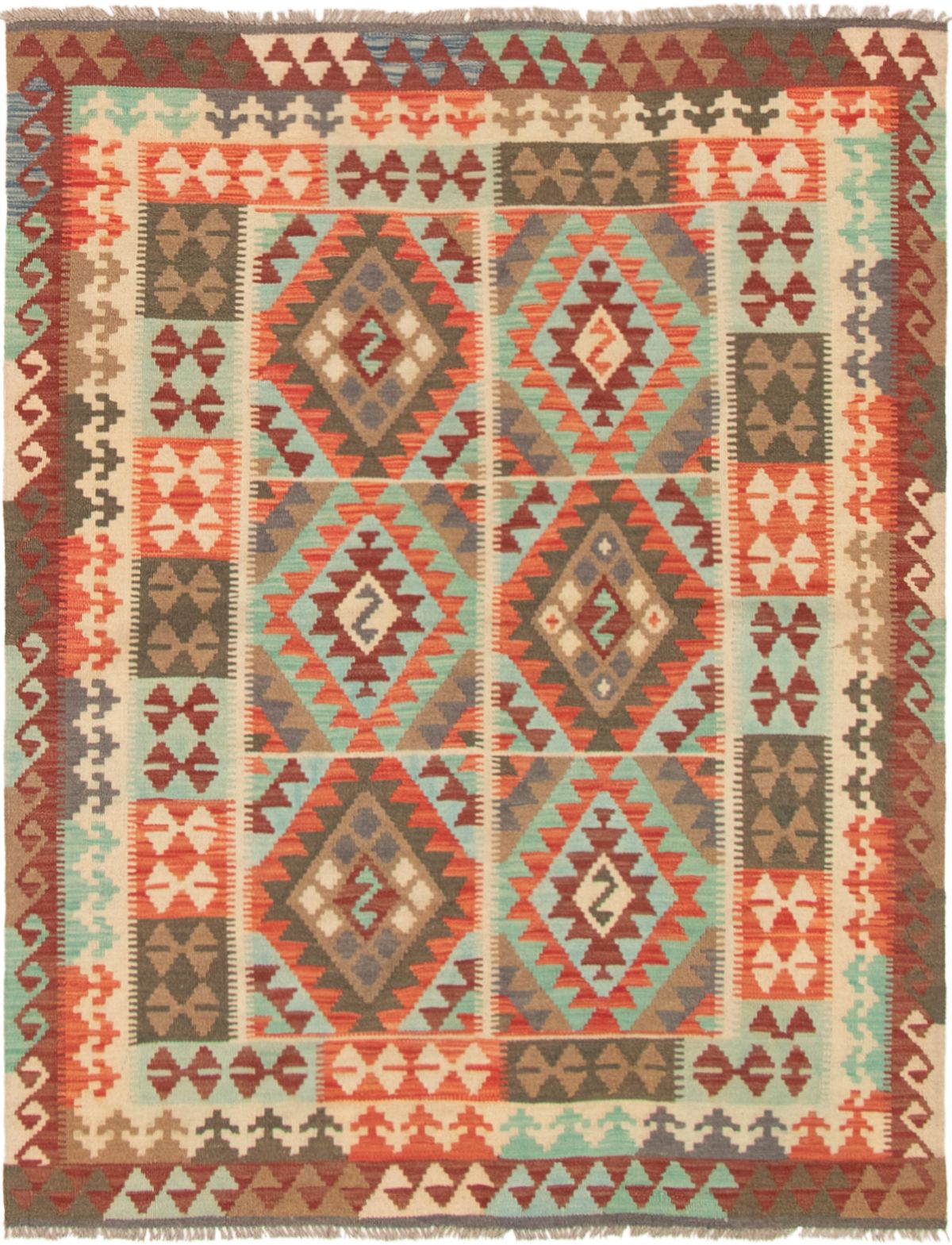 Hand woven Istanbul Yama FW Cyan, Red Wool Kilim 5'3" x 6'8" Size: 5'3" x 6'8"  