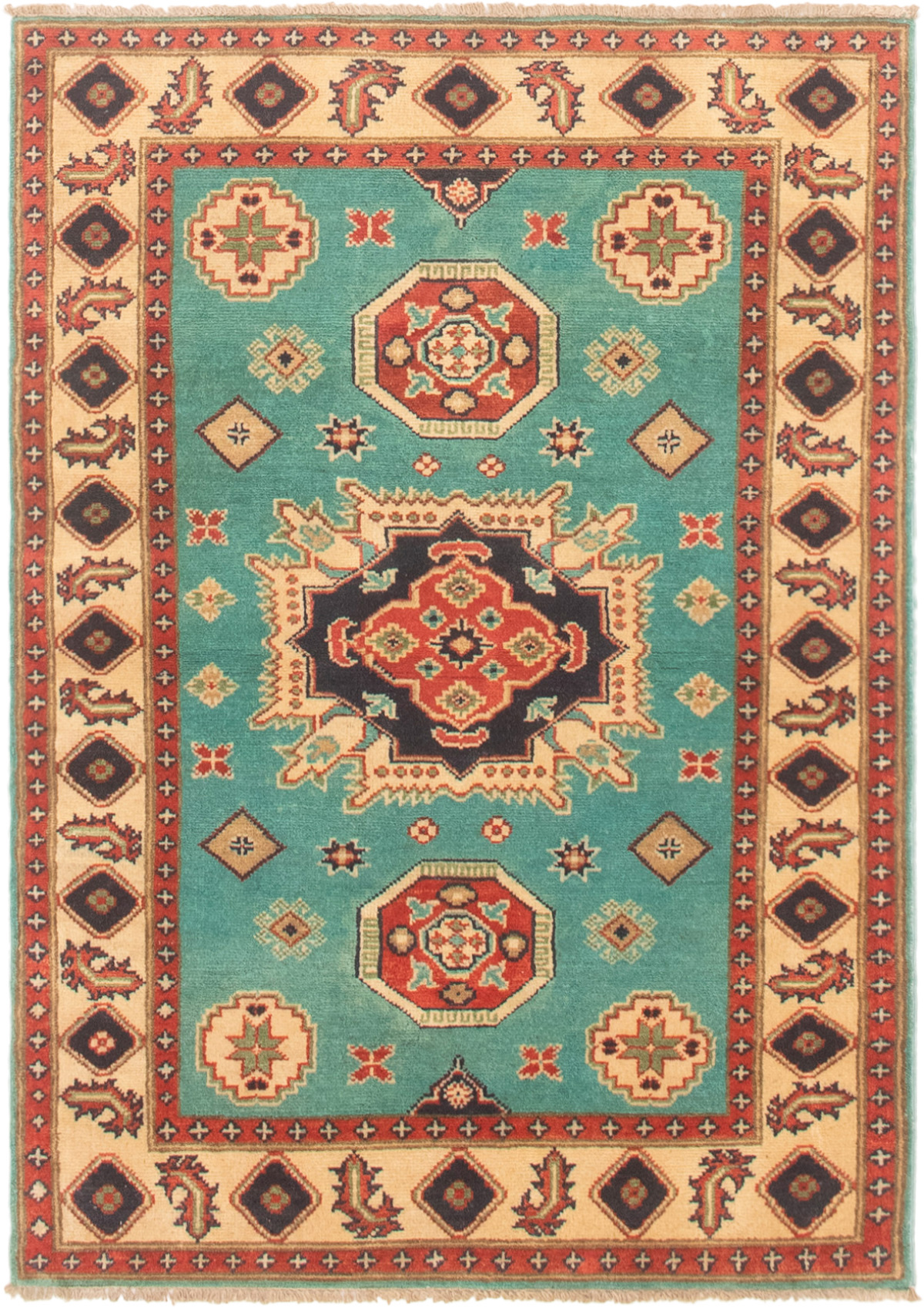 Hand-knotted Finest Gazni Cream, Turquoise Wool Rug 3'3" x 4'9" Size: 3'3" x 4'9"  