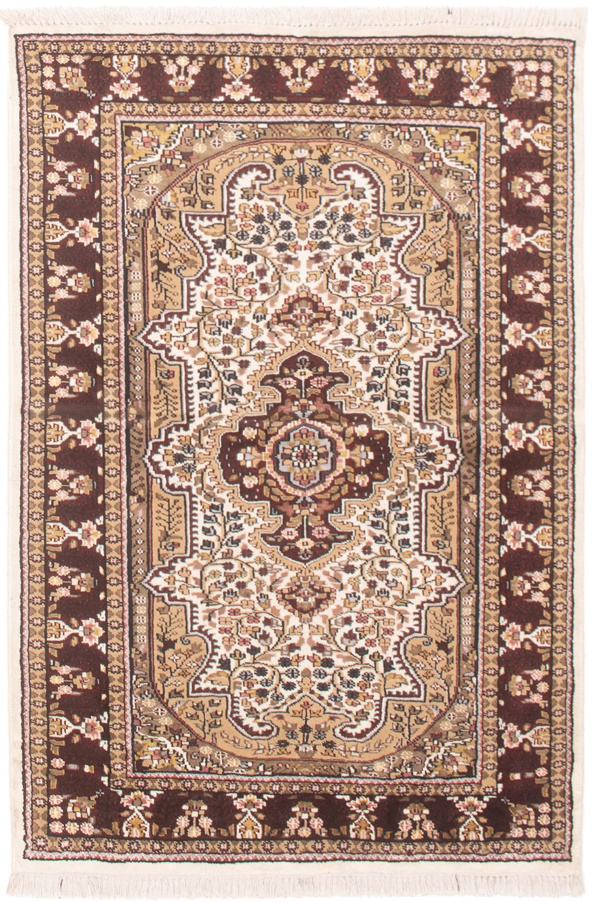 Hand-knotted Kashmir Ivory, Tan Silk Rug 4'0" x 6'0" Size: 4'0" x 6'0"  