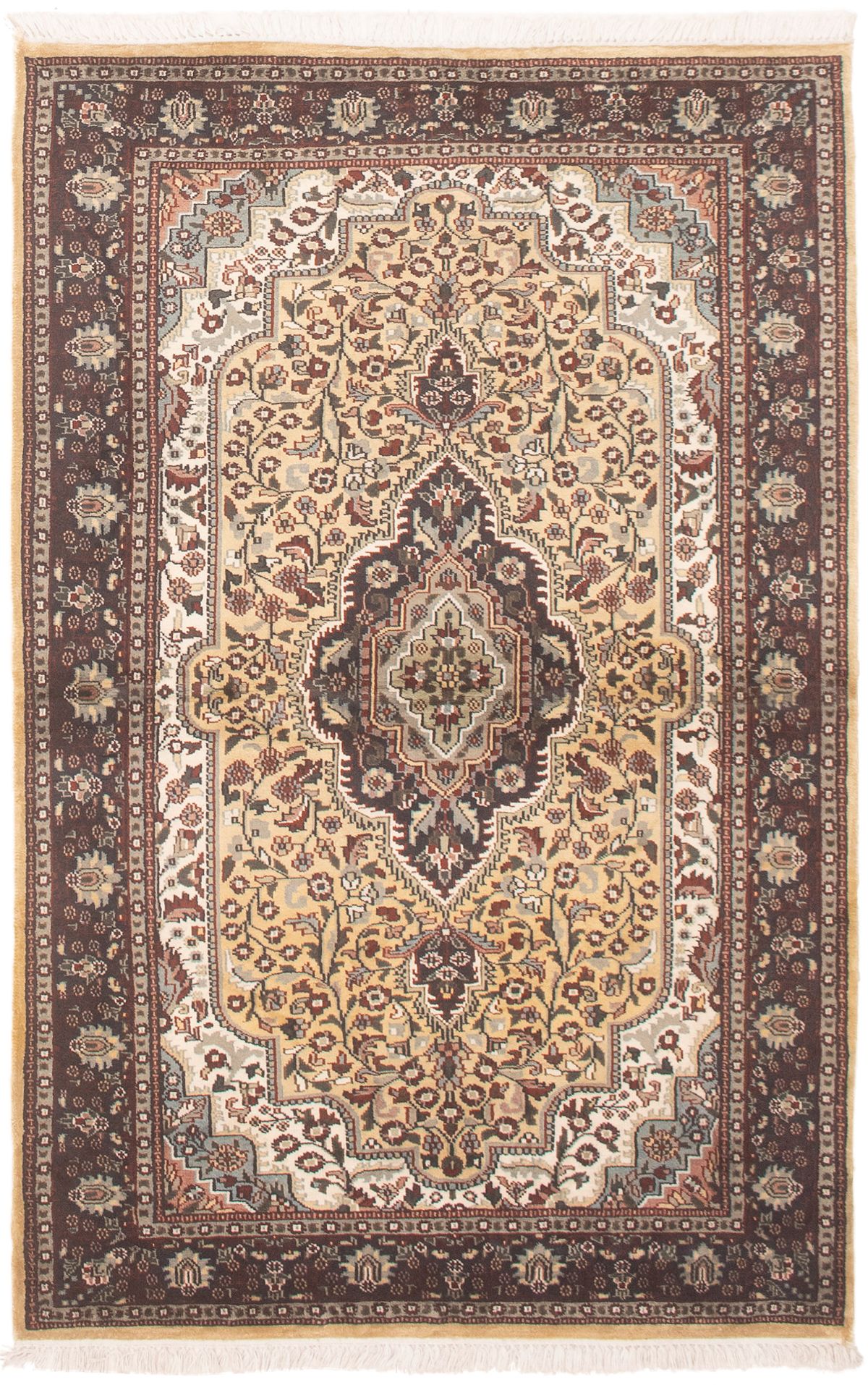 Hand-knotted Kashmir Ivory, Tan Silk Rug 3'10" x 6'2" Size: 3'10" x 6'2"  