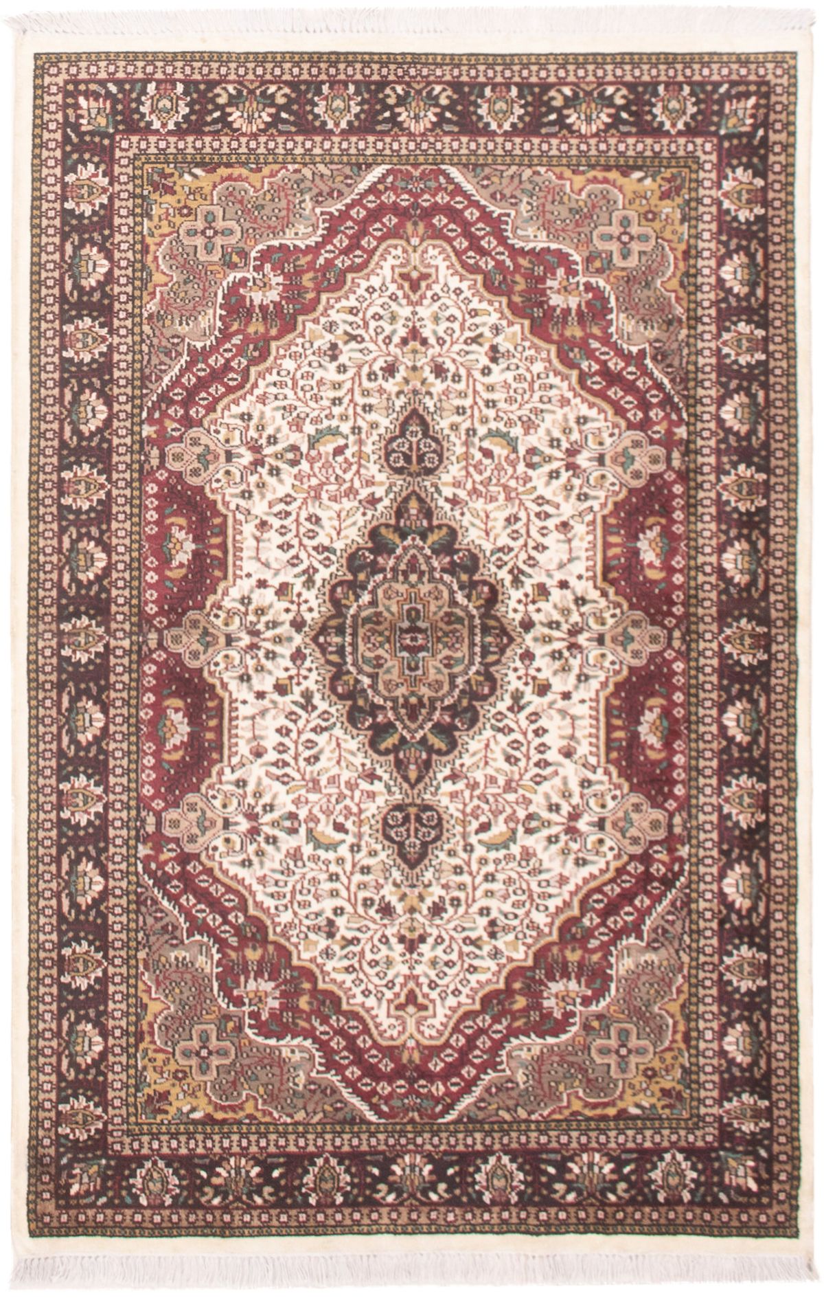 Hand-knotted Kashmir Burgundy, Ivory Silk Rug 4'1" x 6'4" Size: 4'1" x 6'4"  