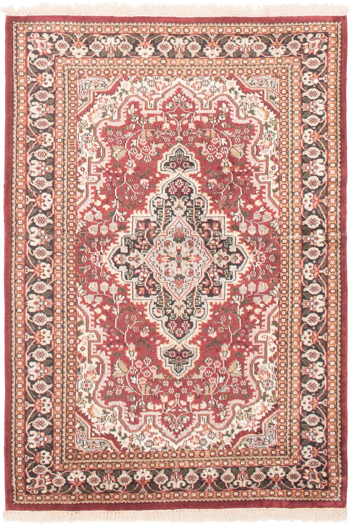 Hand-knotted Kashmir Burgundy, Dark Copper, Ivory Silk Rug 4'0" x 5'11" Size: 4'0" x 5'11"  