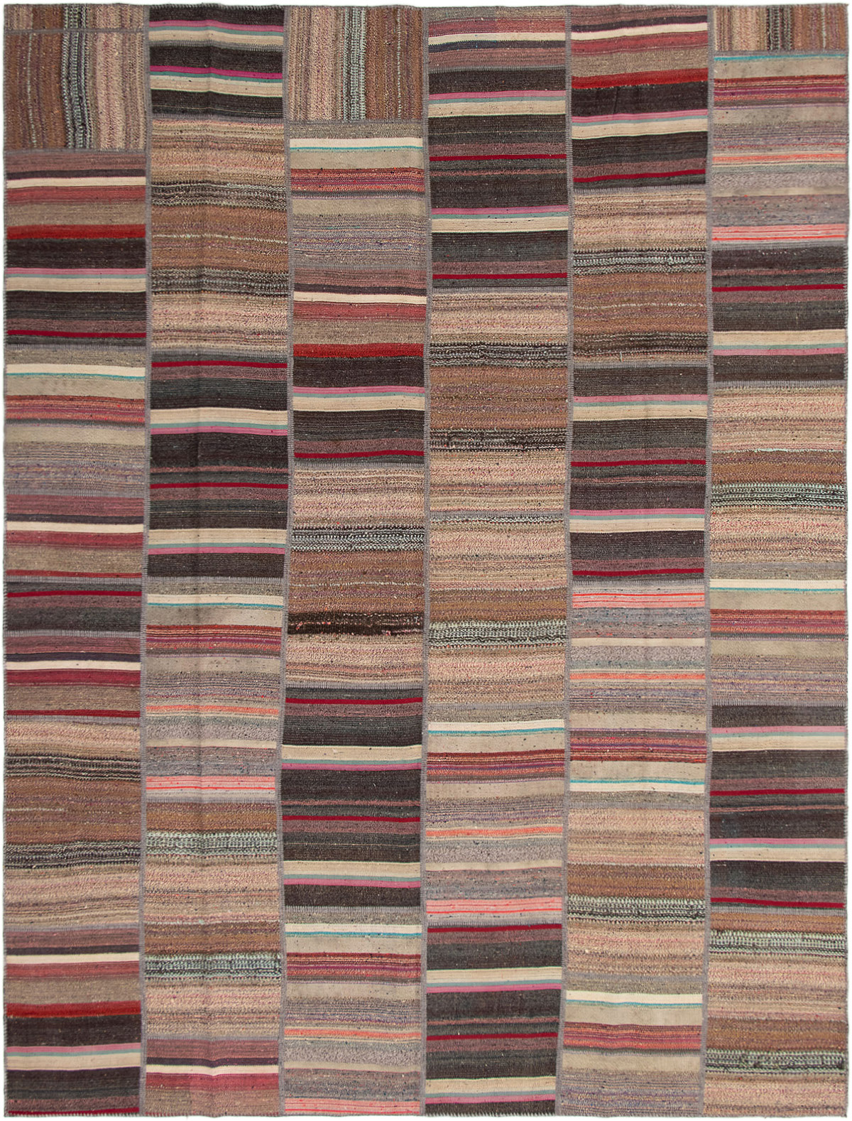 Hand woven Moldovia Patch Dark Brown, Tan Wool Kilim 9'9" x 12'11" Size: 9'9" x 12'11"  