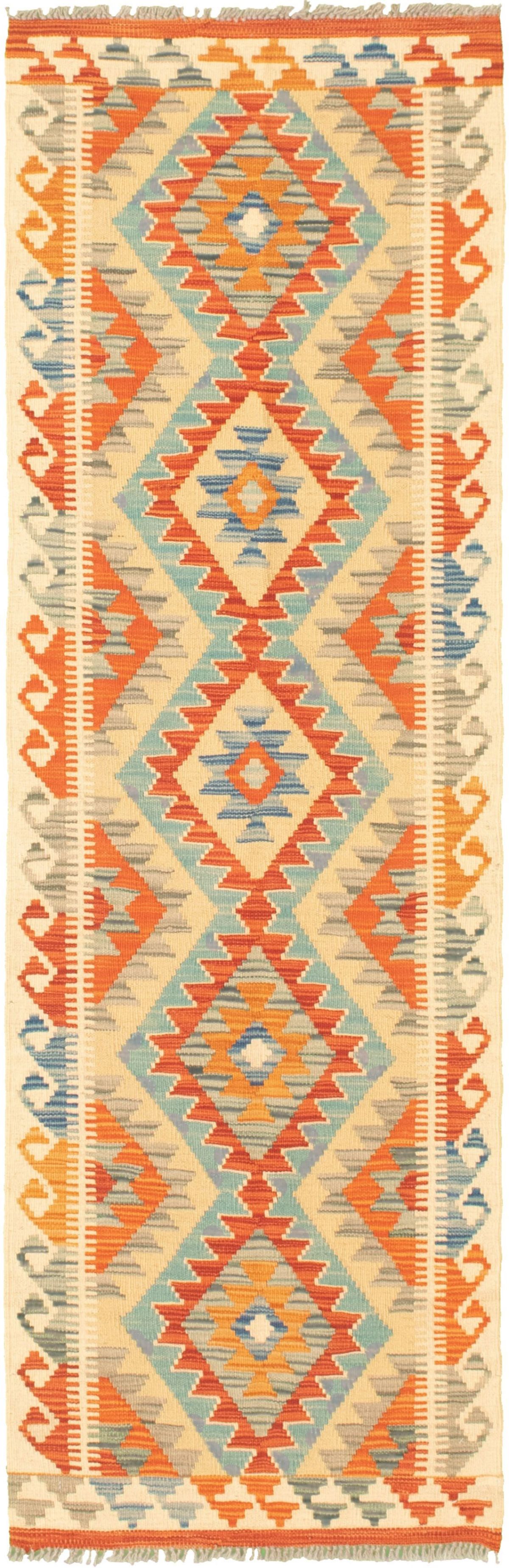 Hand woven Bold and Colorful  Cream Wool Kilim 2'1" x 6'9" Size: 2'1" x 6'9"  