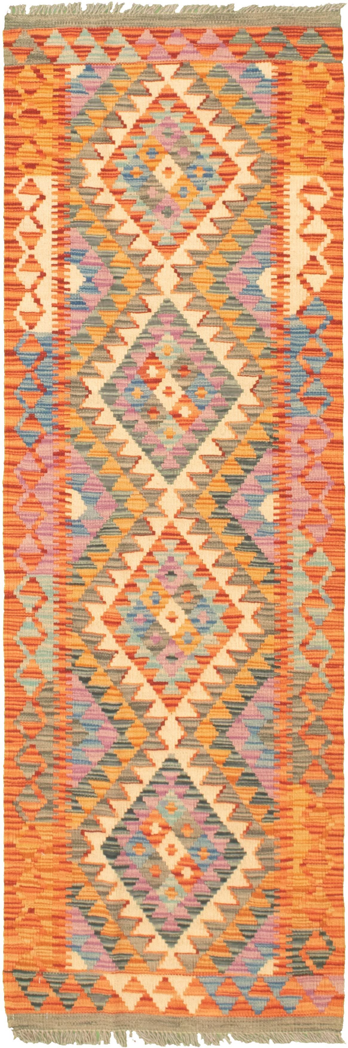 Hand woven Bold and Colorful  Cream Wool Kilim 2'0" x 6'7"  Size: 2'0" x 6'7"  