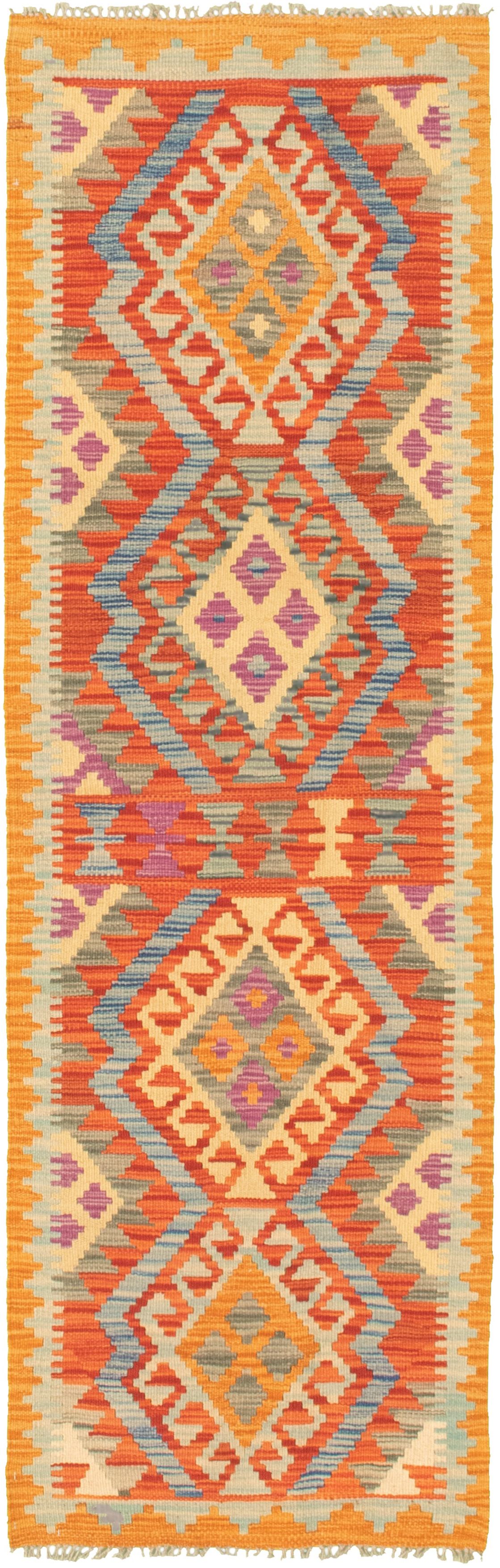Hand woven Bold and Colorful  Dark Copper Wool Kilim 2'0" x 6'8" Size: 2'0" x 6'8"  