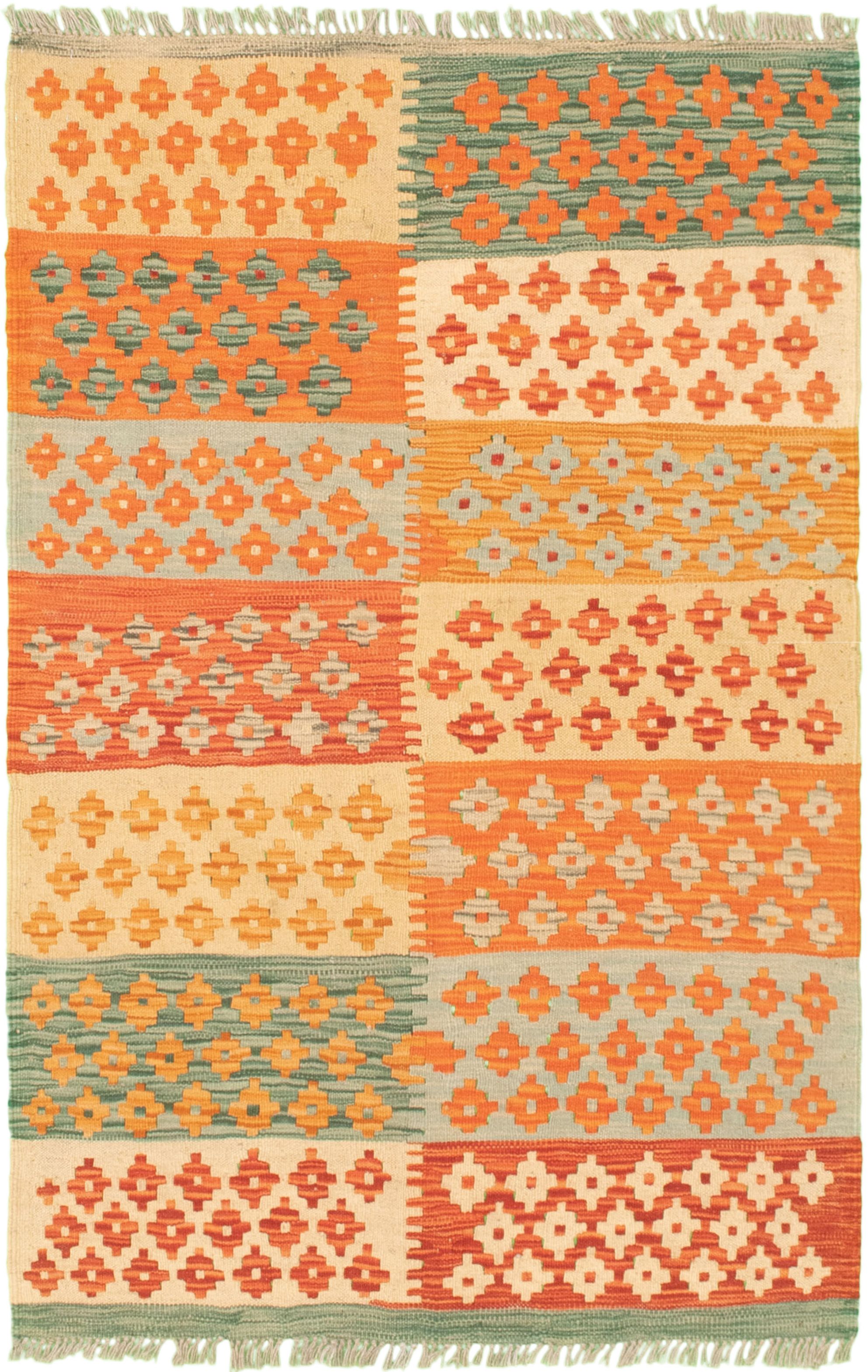 Hand woven Bold and Colorful  Copper Wool Kilim 3'1" x 4'10" Size: 3'1" x 4'10"  