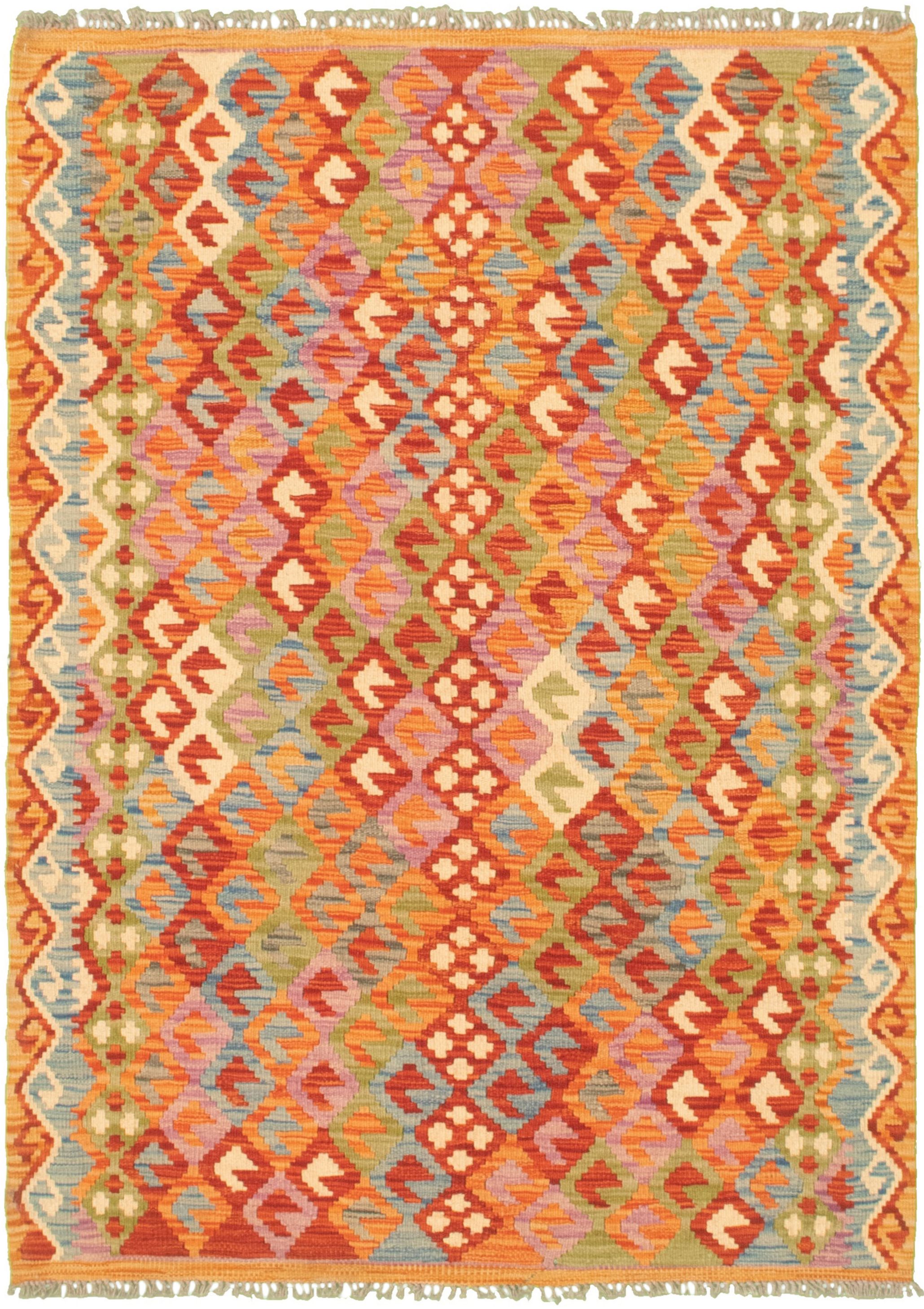 Hand woven Bold and Colorful  Red Wool Kilim 3'8" x 5'2" Size: 3'8" x 5'2"  