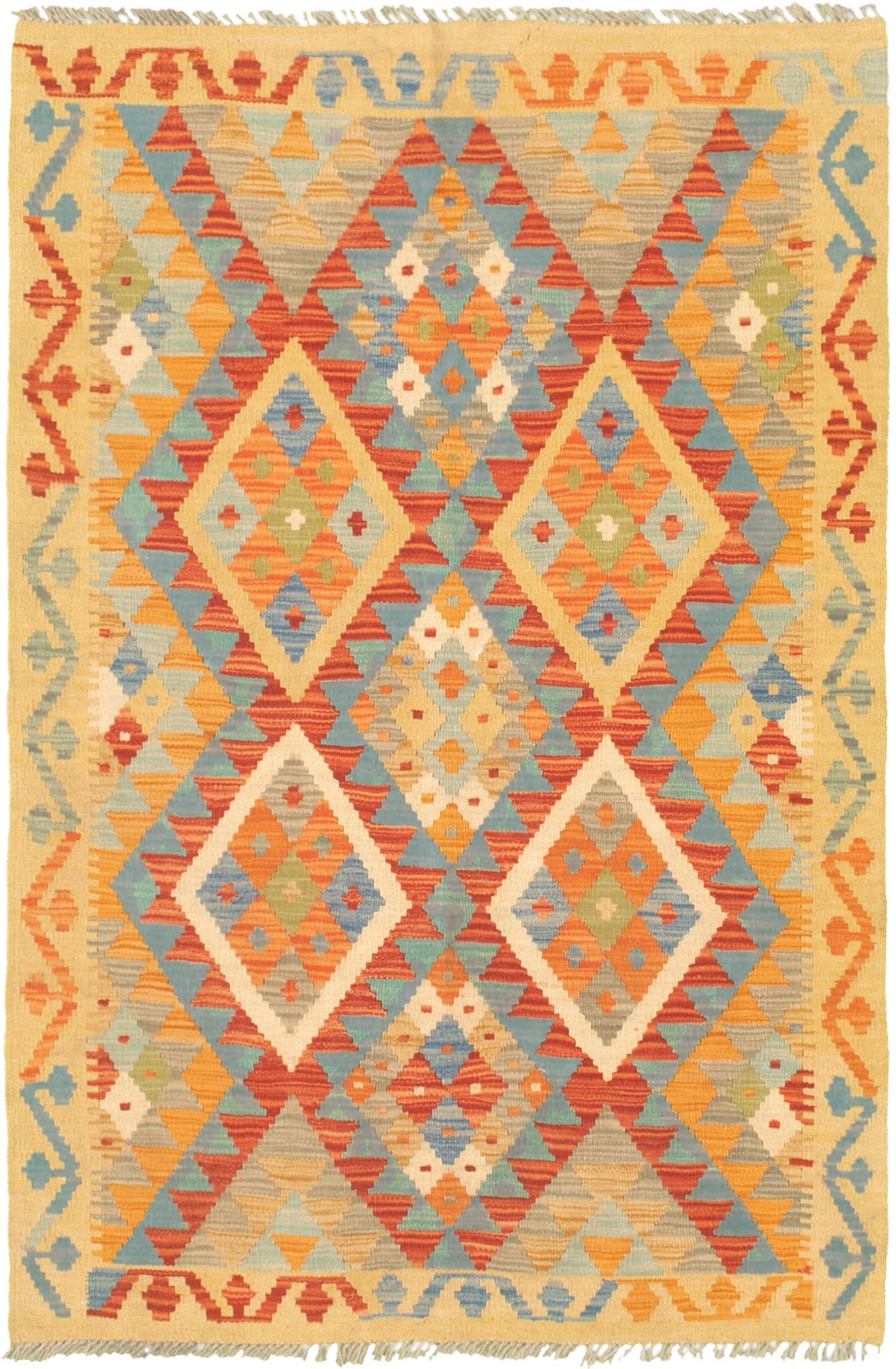 Hand woven Bold and Colorful  Beige Wool Kilim 3'2" x 4'10" Size: 3'2" x 4'10"  
