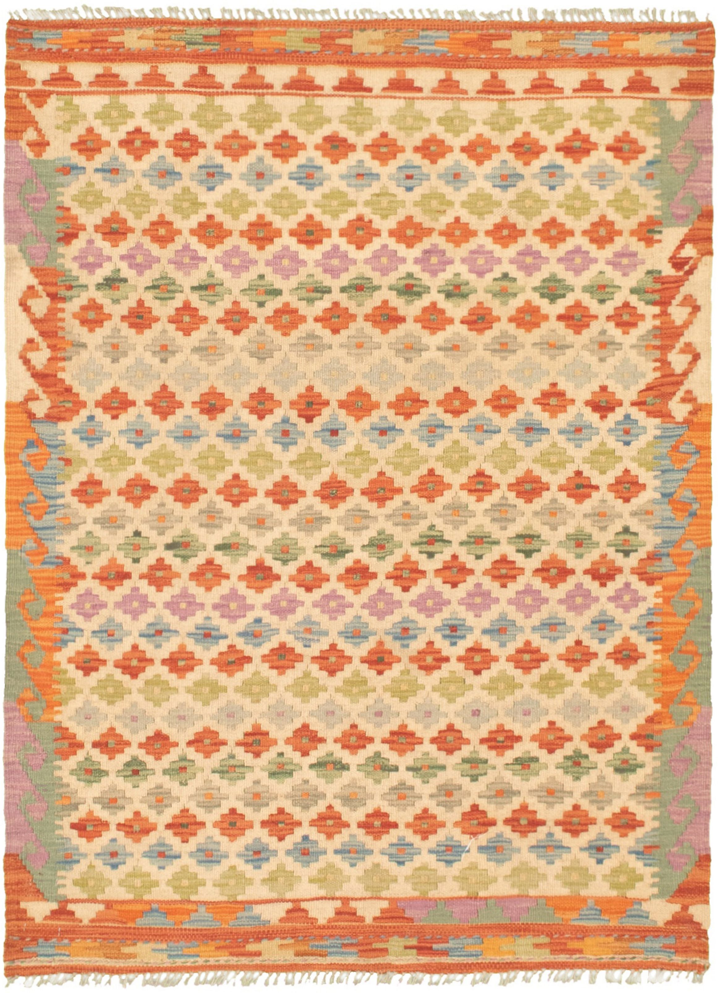 Hand woven Bold and Colorful  Cream Wool Kilim 3'5" x 4'10" Size: 3'5" x 4'10"  