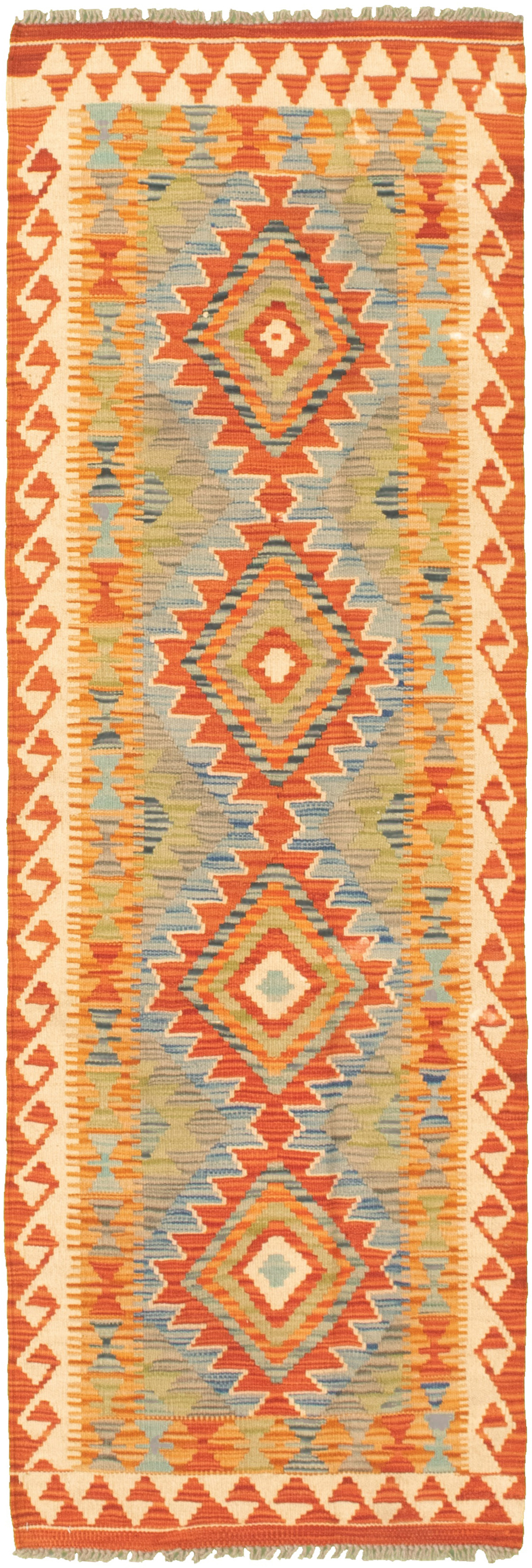 Hand woven Bold and Colorful  Dark Copper Wool Kilim 2'0" x 6'6"  Size: 2'0" x 6'6"  