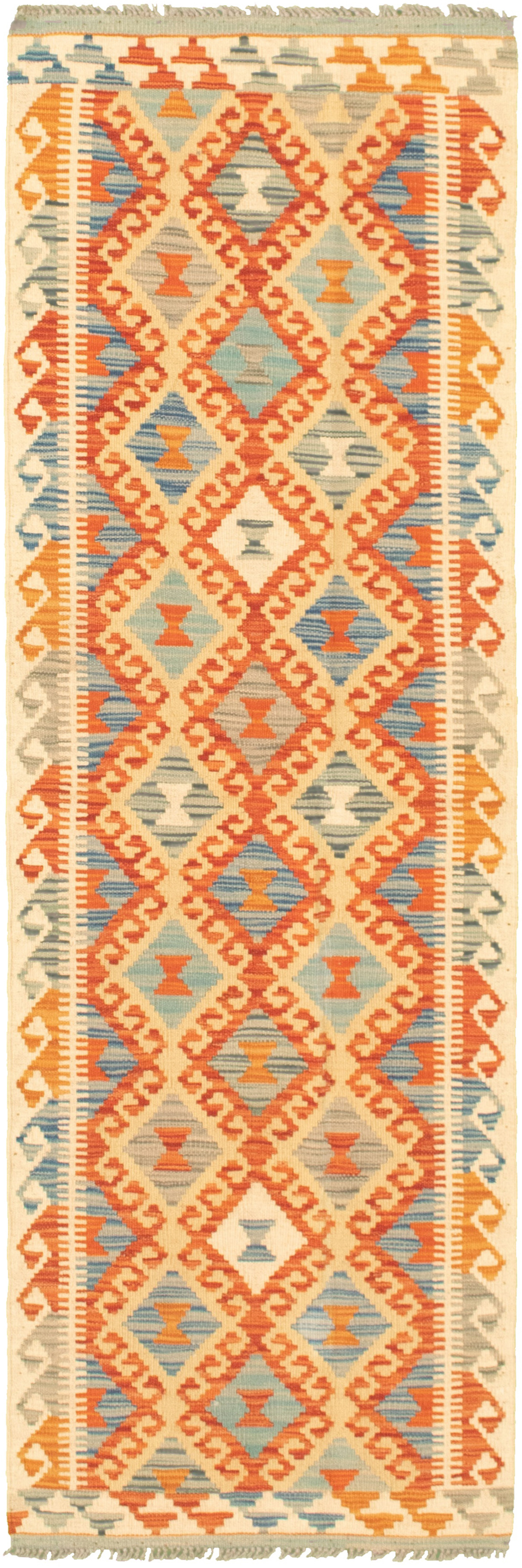 Hand woven Bold and Colorful  Cream Wool Kilim 2'2" x 6'10" Size: 2'2" x 6'10"  